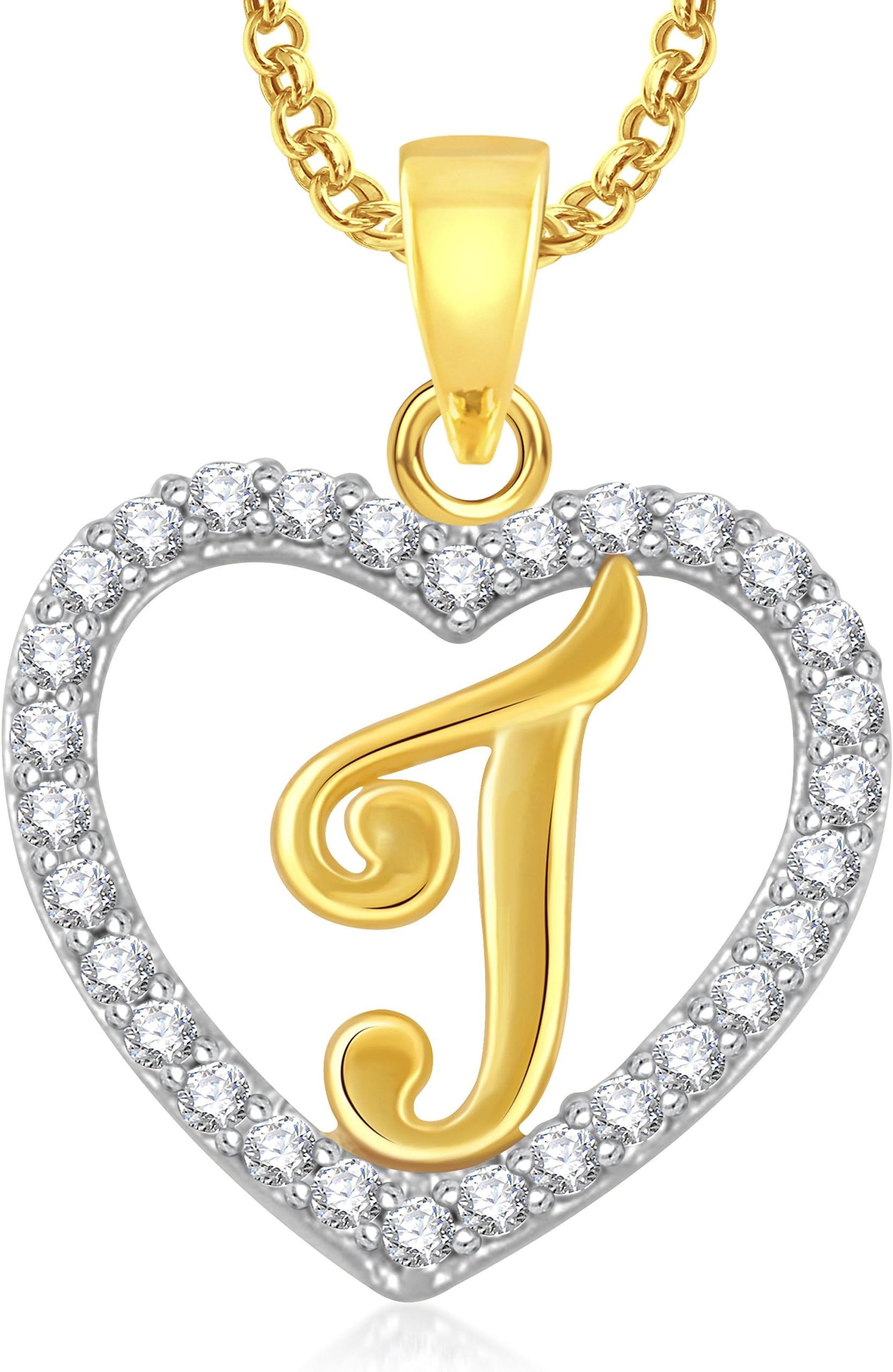MEENAZ Valentine Gifts 'J' Letter Heart with Chain Gold Plated in American Diamond Pendant Lo.