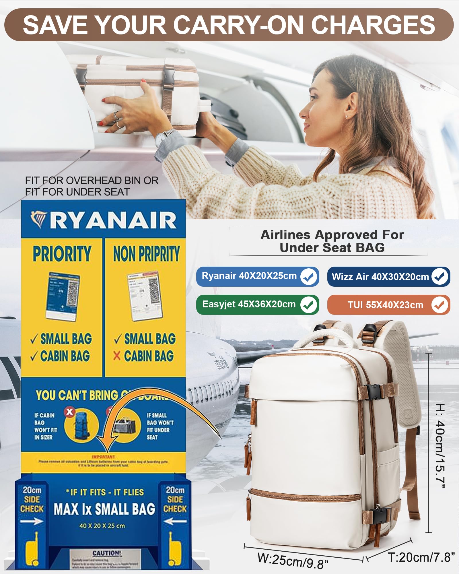 Zaino da Viaggio per Ryanair 40x20x25 Bagaglio a Mano Zaino Borse da Cabina per Ryanair Il Sedile Zaino Aereo Bagaglio a Mano Donna Borsa Cabina Viaggio Zaino Viaggio Casual Daypack,K4-Marrone beige
