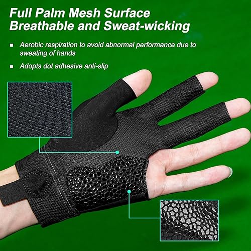 Miniatura 5 de Guante de billar profesional de 3 dedos para mano izquierda, guantes de billar para hombres y mujeres