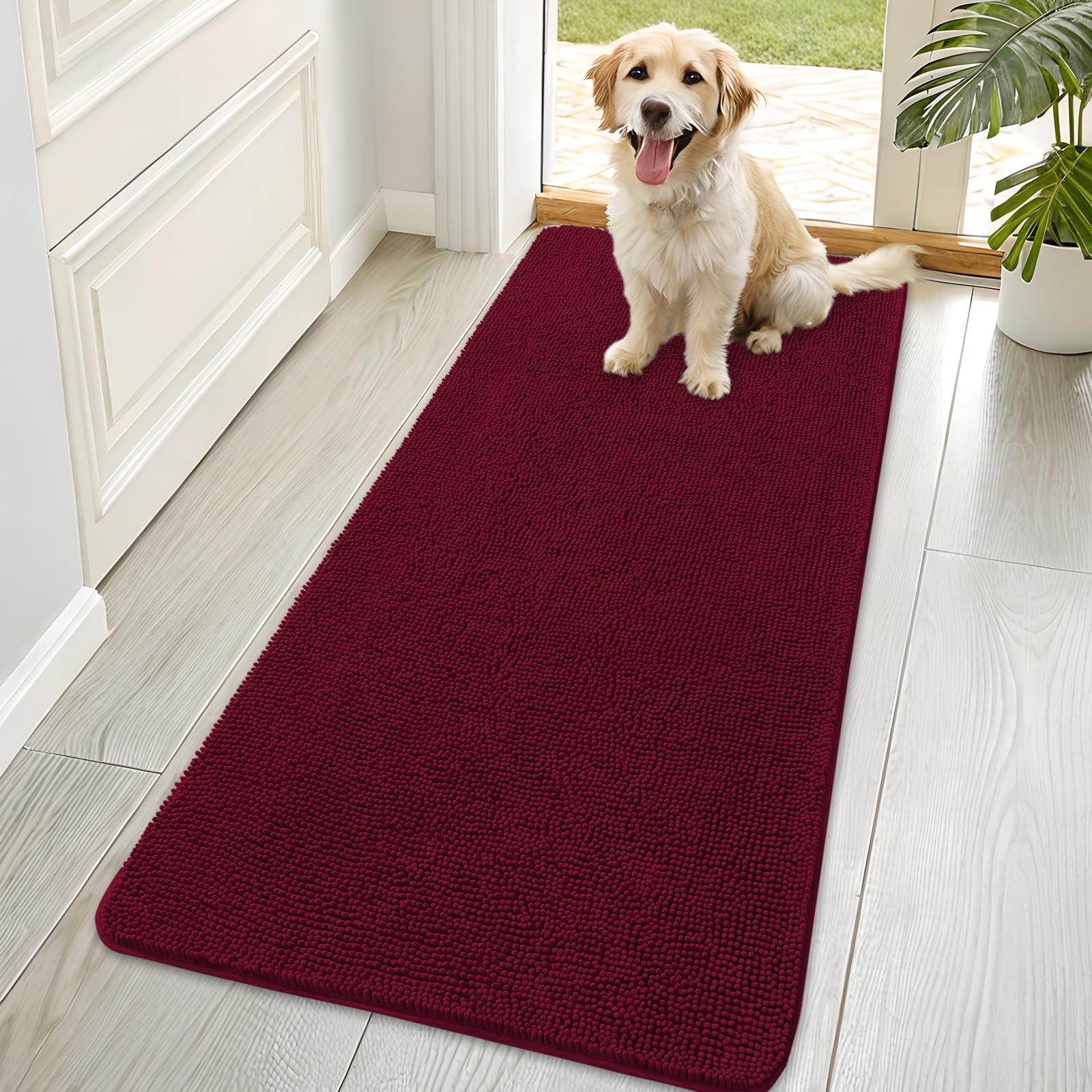OLANLY Dog Door Mat for Muddy Paws 70x35, Absorbs Moisture and Dirt, Absorbent Non-Slip Washable Doormat, Quick Dry Chenille Mud Mat for Dogs, Entry Indoor Entryway Carpet for Inside Floor, Burgundy โ image 1