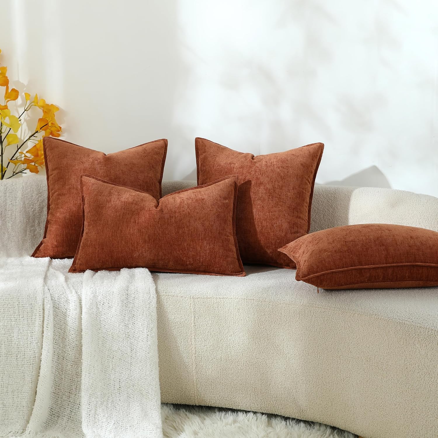 Stellhome Set of 2 Halloween Decorations Autumn Rust Pillow Covers Soft Textured Lumbar Chenille Accent Solid Cushion Cover for Couch Sofa Bedroom Living Room 12x20 Inch, Burnt Orange - Image 6