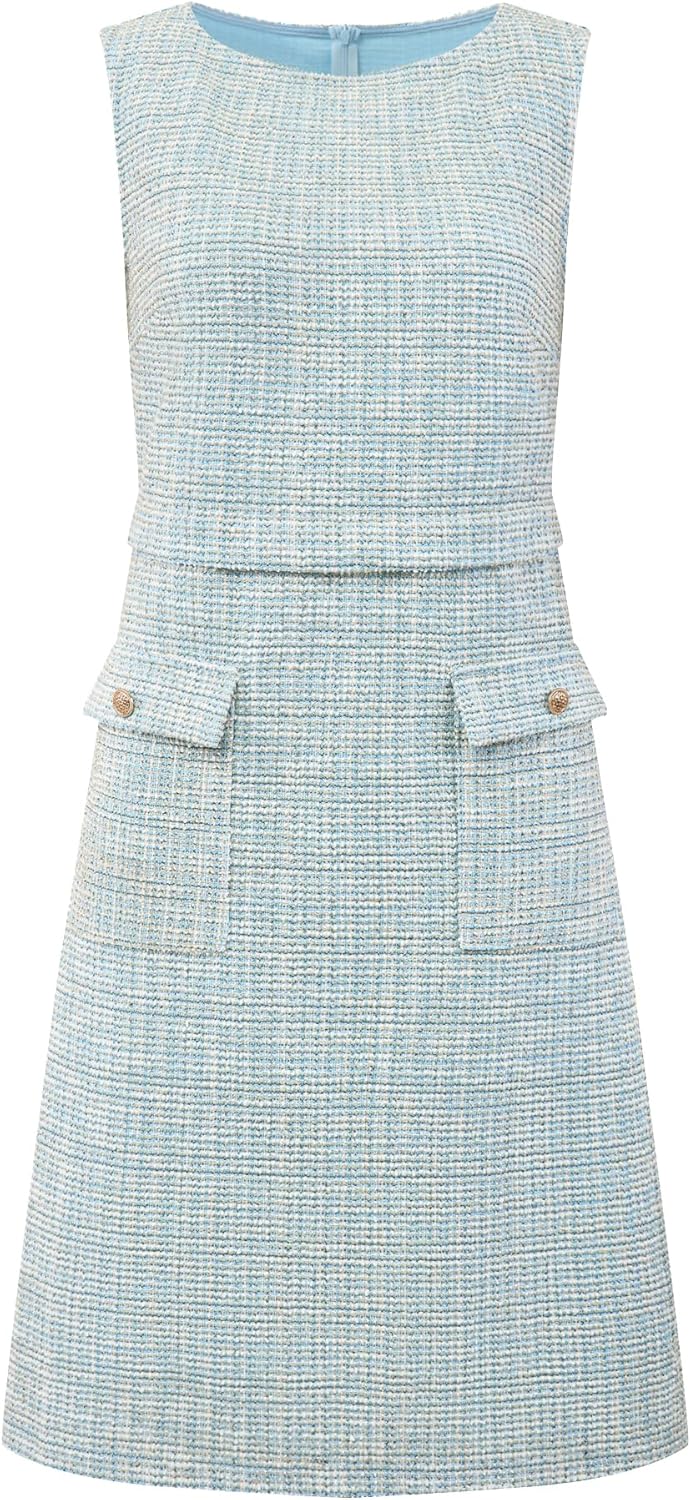 Hobemty Women's Sleeveless Tweed Dress Boat Neck Work Office Sheath Dresses