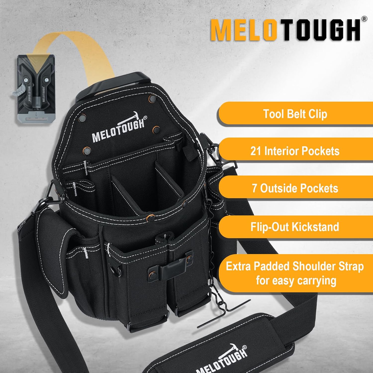 MELOTOUGH Professional Small Electrician Tool Pouch for Tool Belt Pockets with Belt Clip Attachment Pockets Tradesman Tool Bag Pouch with Tape Thong Tool Holster