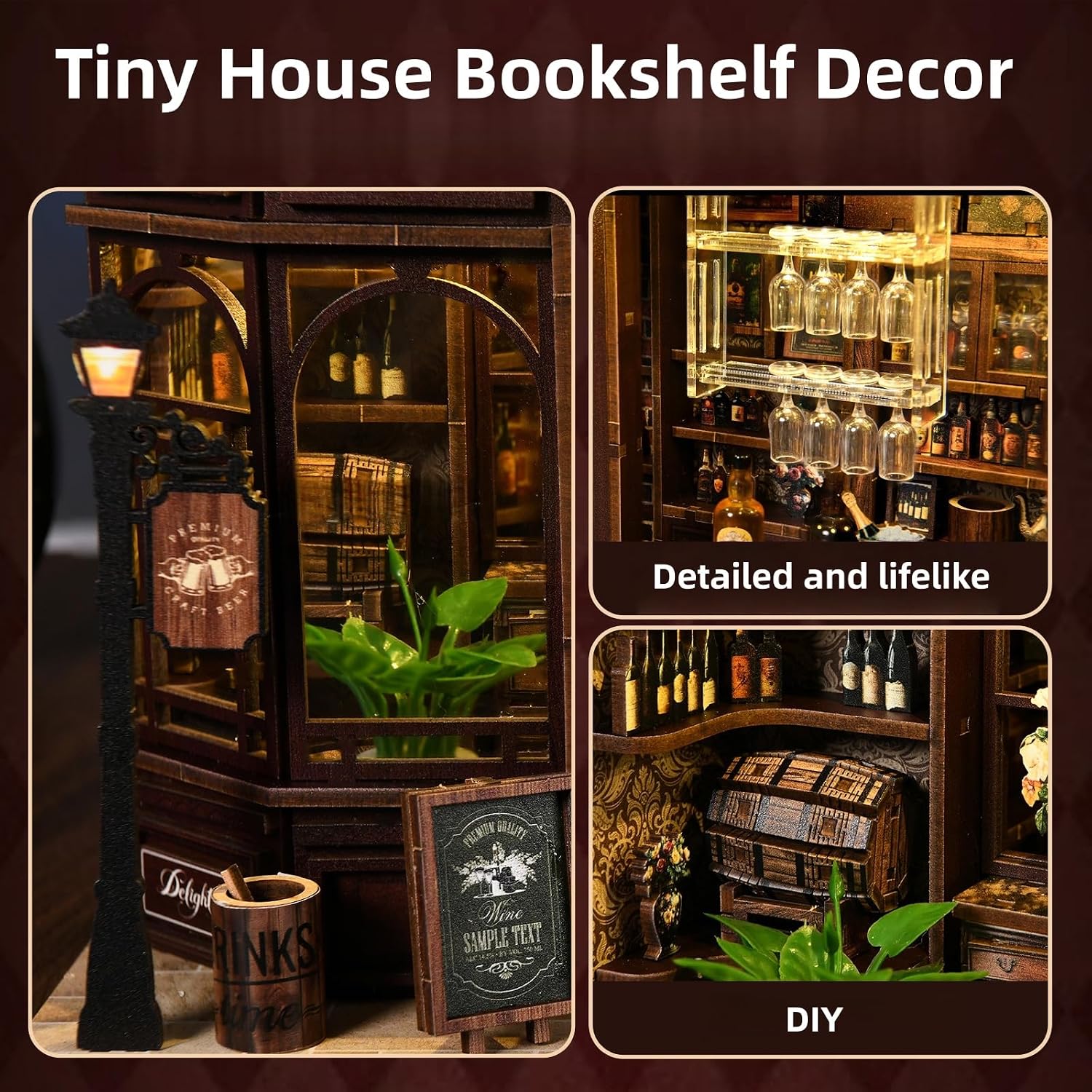 Book Nook Kit, DIY Miniature Dollhouse Booknook for Adults, 3D Wooden Puzzle Bookend Bookshelf Insert Decor with LED Light, Gift for Craft Lovers (Vintage Street Lounge)