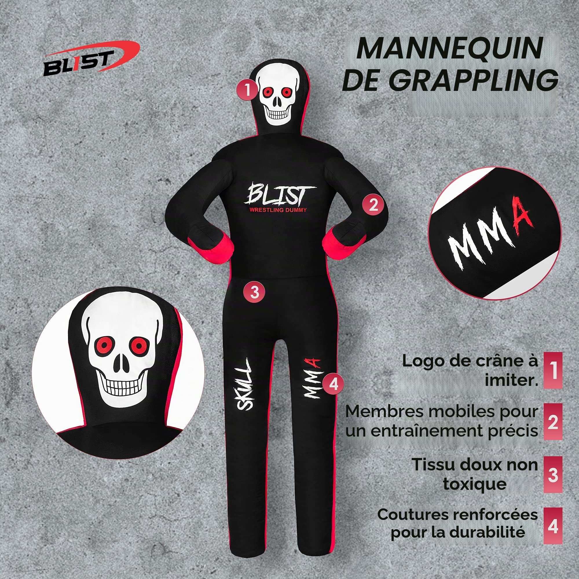 Blist MMA Grappling Dummy Sac de Frappe Judo Brésilien BJJ Jiu Jitsu Position Assise Lutte Arts Martiaux Boxe Karaté Entraînement (Non rempli), Noir, 177,8 cm