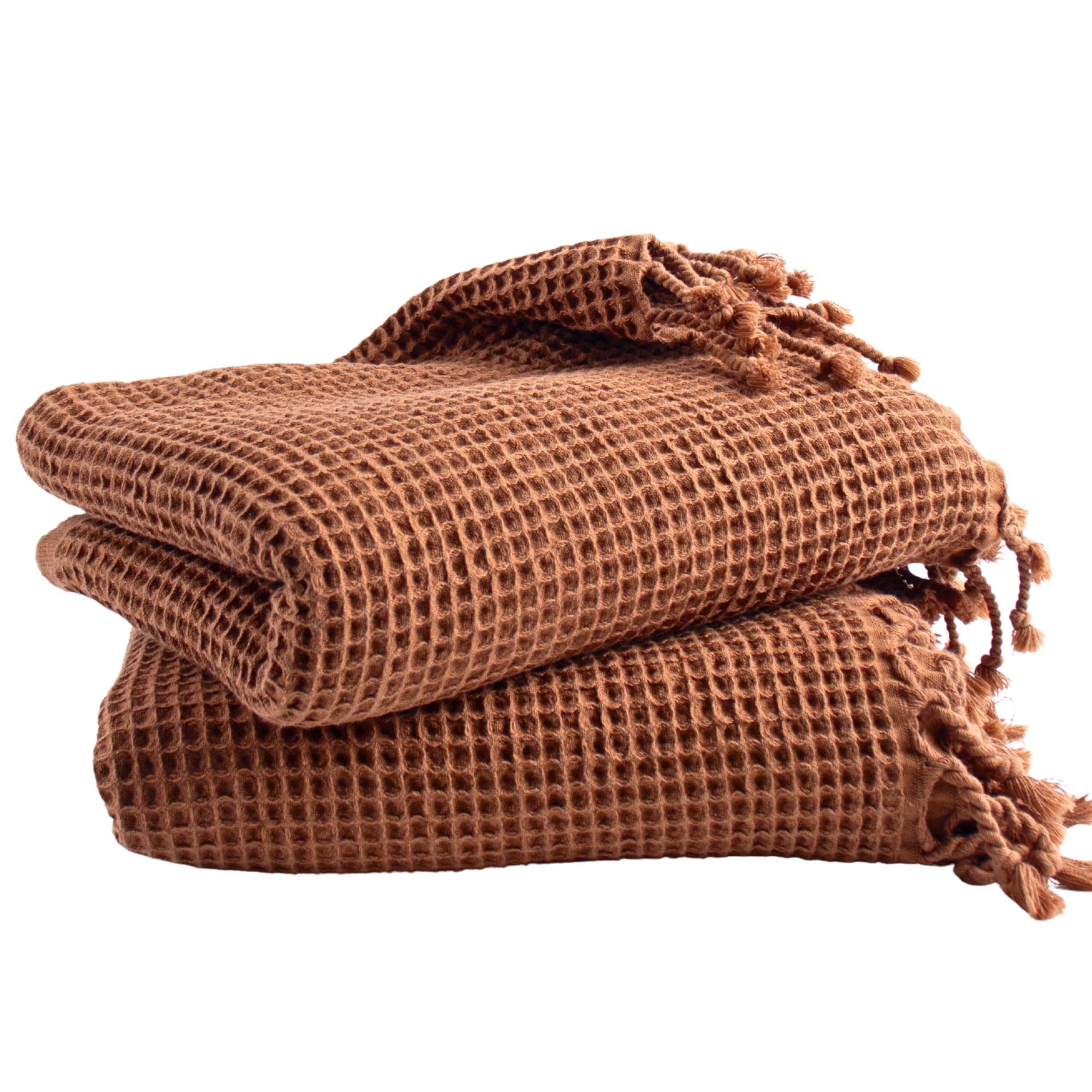 Püskül Www.puskul.com.tr Rust Brown Püskül 2-Piece Luxury Turkish Beach Towels Waffle Weave | Natural 100% Turkish Cotton Towels | Soft Absorbent Sand-Free Quick Dry Lightweight Peshtemal | Oversized Bath Sheet Towel 35X70 (Rust Brown)