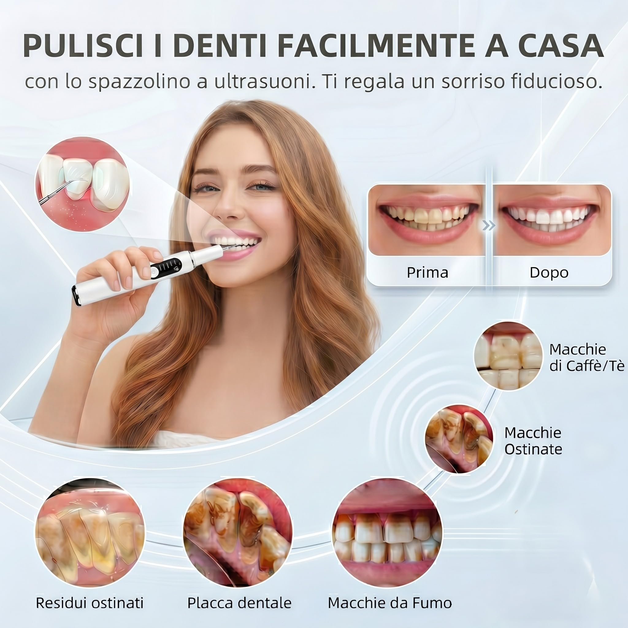 Kit Pulizia Denti Tartaro，Spazzolino Elettrico Ultrasuoni Intelligente con 5 Modalità Per Rimozione Placca e Macchie con 5 testine intercambiabili e Luci LED per Pulizia Tartaro Uso Quotidiano a Casa