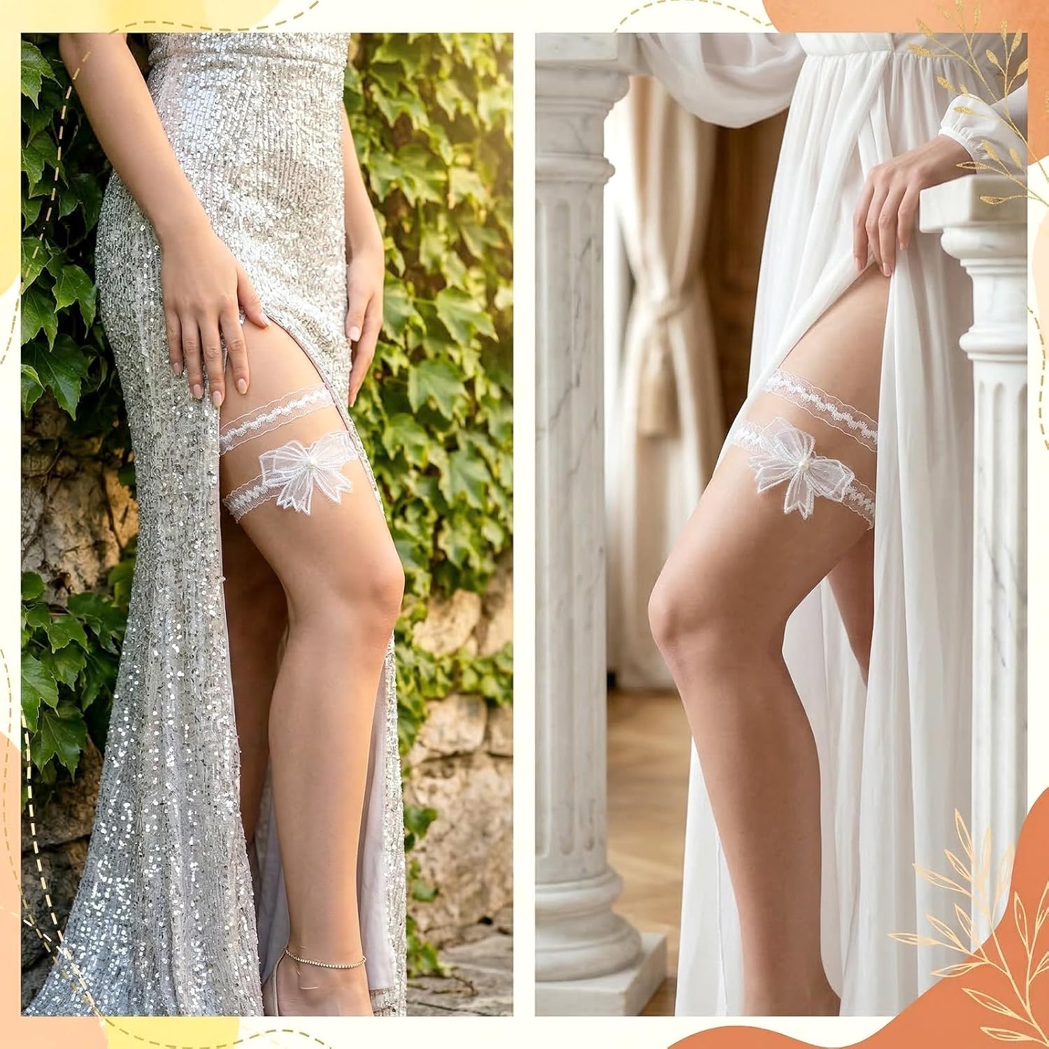 Nogeqi 2PCS Garters for Bride, White Wedding Garter for Bride Vintage Pearl Lace Bow Bridal Garter for Wedding Party Porm Body Accessories for Women Girls