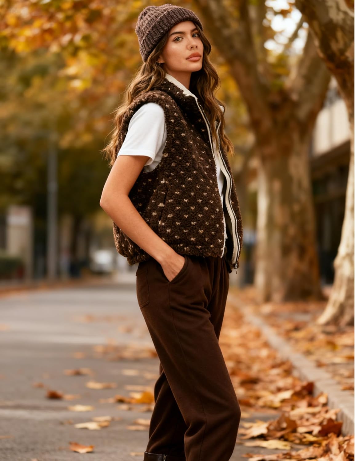 Fuzzy Fleece Vest Women Casual Sleeveless Polka Dots Sherpa Jacket Trendy Gilet Winter Outerwear with Pockets - Image 7