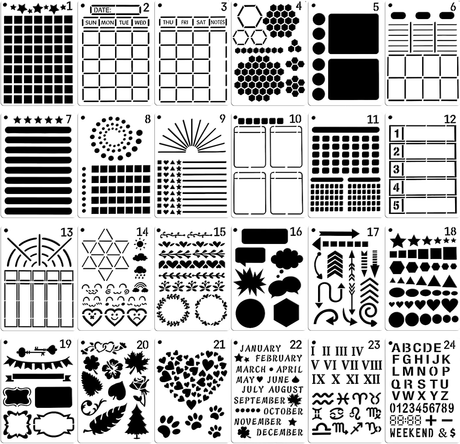 MWOOT 24Pcs Drawing Painting Template Craft Stencil Set,Journal Notebook,Scrapbook Craft Stencils,Reusable Shapes Stencils Scale Templates for Card Making,DIY Albums(12.7x17.8CM)