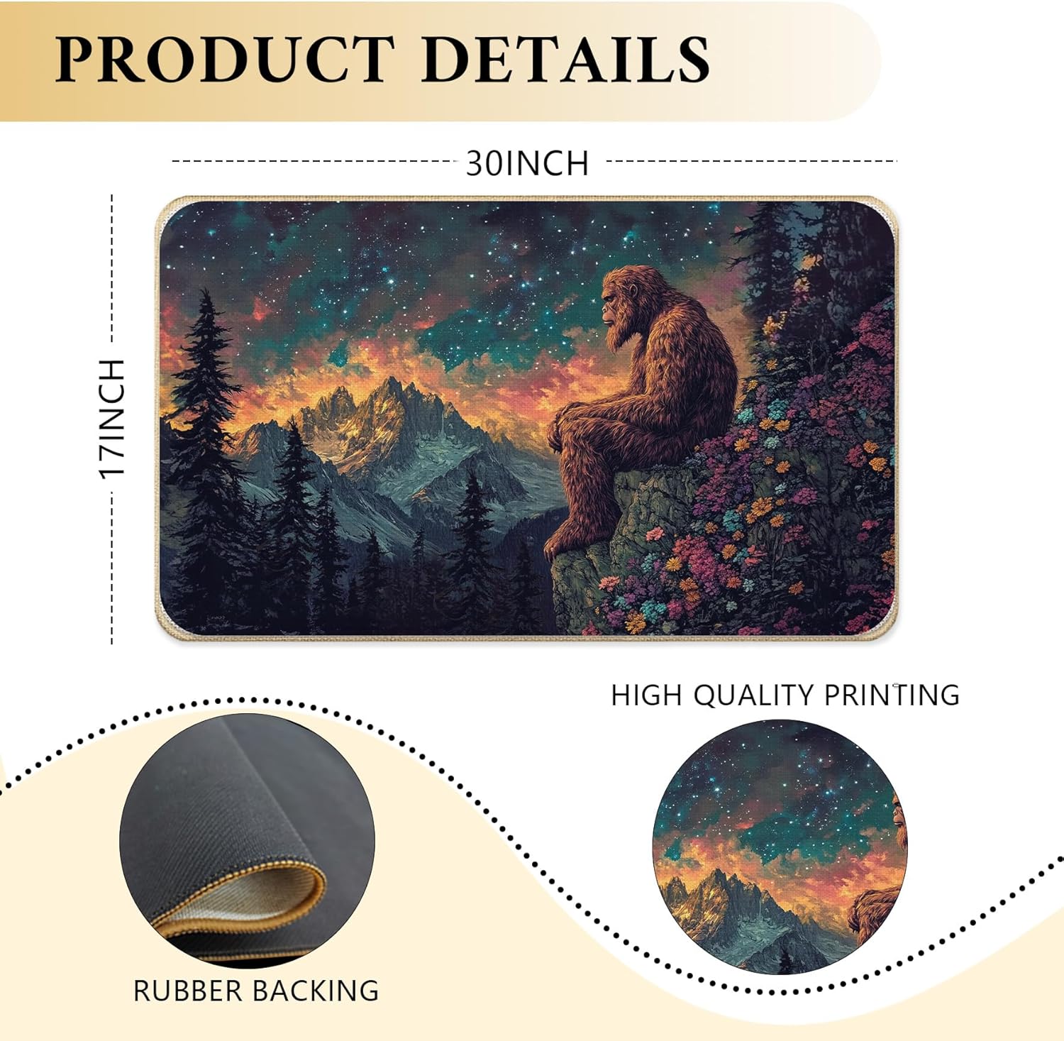 Starry Night Mountain Bigfoot Faux Linen Door Mat, Wildflower Forest Sasquatch Doormat Outdoor Indoor Entrance Porch, Fantasy Mystical Bigfoot Welcome Mats for Front Door, 17x30 Inch