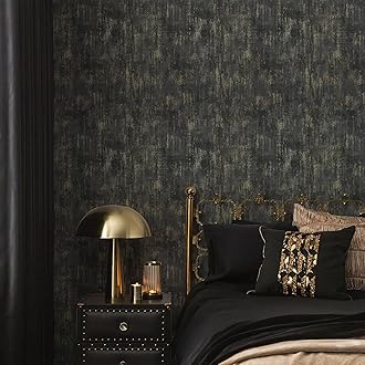 Simon&Siff Black Wallpaper Gold Textured Wallpaper Distressed Industrial Metallic Vintage Wallpaper 17.3inx19.68ft Non Woven Modern Wallpaper for Bedroom Traditional Wallpaper (Non-Pasted)