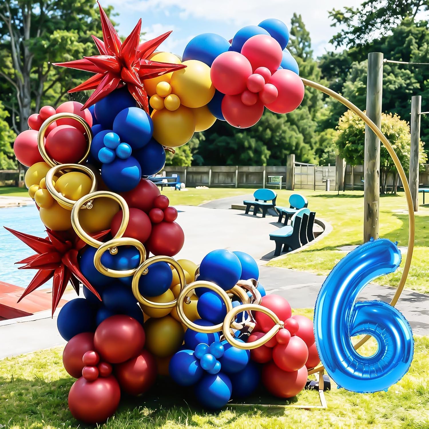 Red Blue Yellow 6th Birthday Balloons Arch, Royal Blue Metallic Gold Balloon Garland Kit, Red Star Foil Blue Number 6 Balloon Tower for 6 Year Old Kids Boys Birthday Baby Shower Party Decorations - Image 4