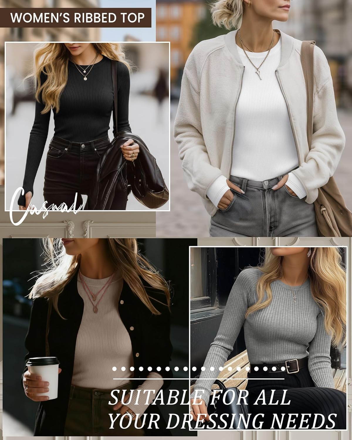 4 Pack Women's Ribbed Long Sleeve Shirts with Thumb Holes Cotton Crewneck Slim Fit Tops Knit Casual Basic T-Shirts - Image 4