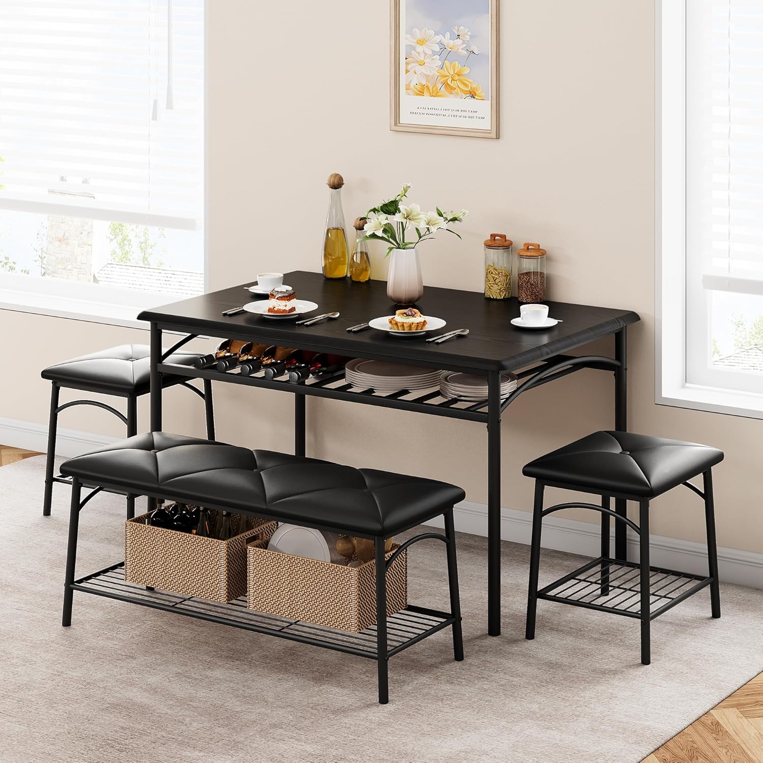 GAOMON Dining Table with Benches, Kitchen Table Set for 4, Dining Room Table Set with Upholstered Bench and Square Stools, Metal and Wood Dining Table Set for 4 with Storage for Small Space-Black