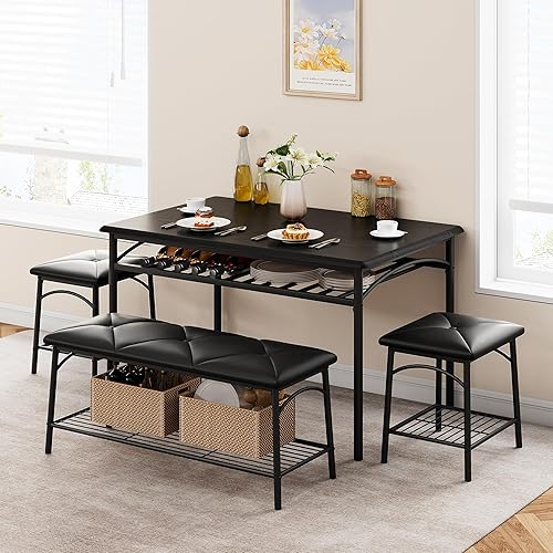 IDEALHOUSE Juego de 4 mesas de comedor para 4, mesa de cocina con banco de comedor tapizado y taburetes cuadrados, juego de comedor para 4 personas