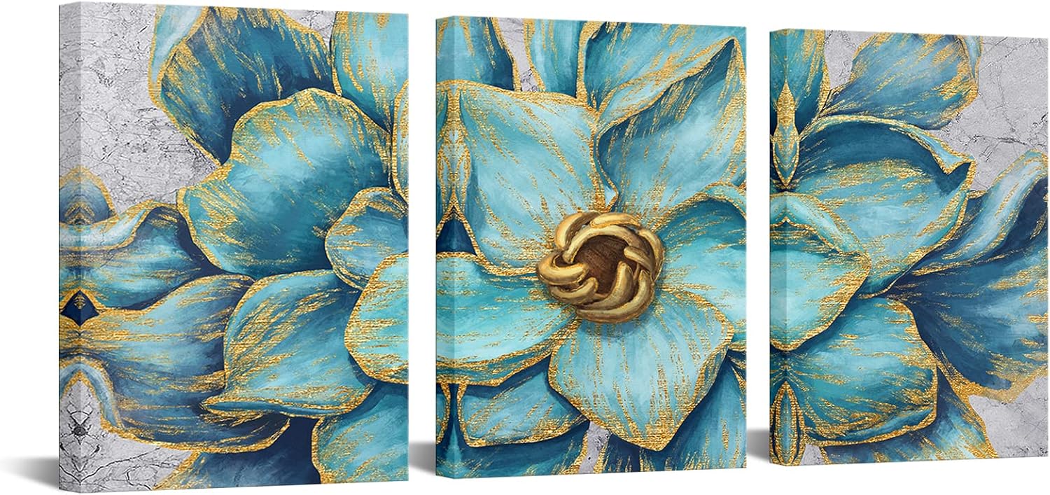 WELMECO 3 Pieces Teal and Gold Flowers Painting Canvas Wall Art Decor Giclee Prints Rustic Beautiful Floral Picture Poster Contemporary Artwork for Modern Bedroom Decoration Each Size 12x16 Inches