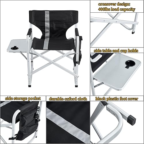 Miniatura 7 de Silla de director de camping, marco de aluminio y tela Oxford soporta 400 libras, plegable y portátil, con bolsa de almacenamiento lateral y mesa