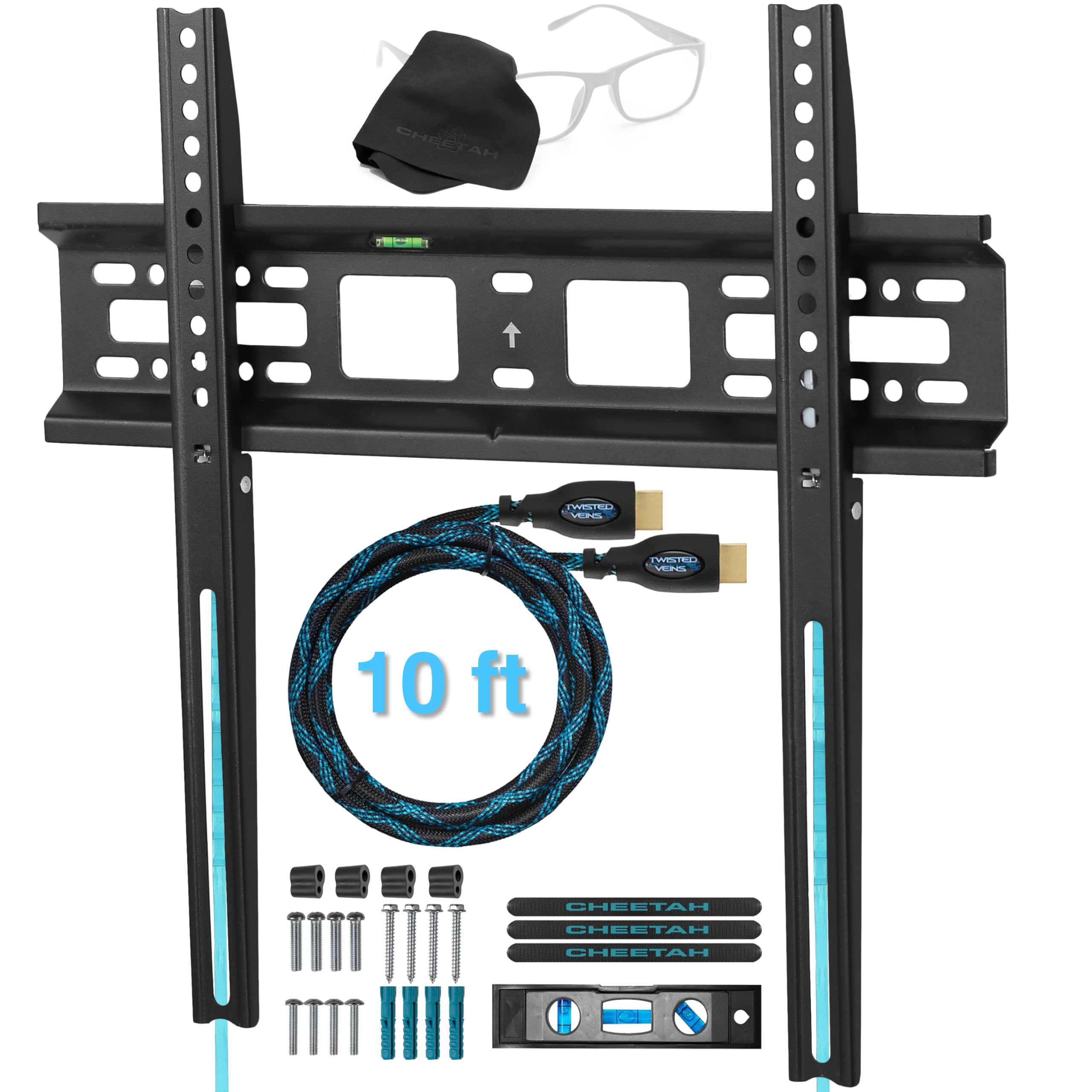 Cheetah Fixed TV Mount for Most 26-60 Inch TVs up to 115lbs VESA 400x400mm, with 10ft HDMI Cable, LED LCD OLED-4K Flat Screen TV Wall Mount Bracket, Fits 16" Studs, Quick Release Lock, Low Profile