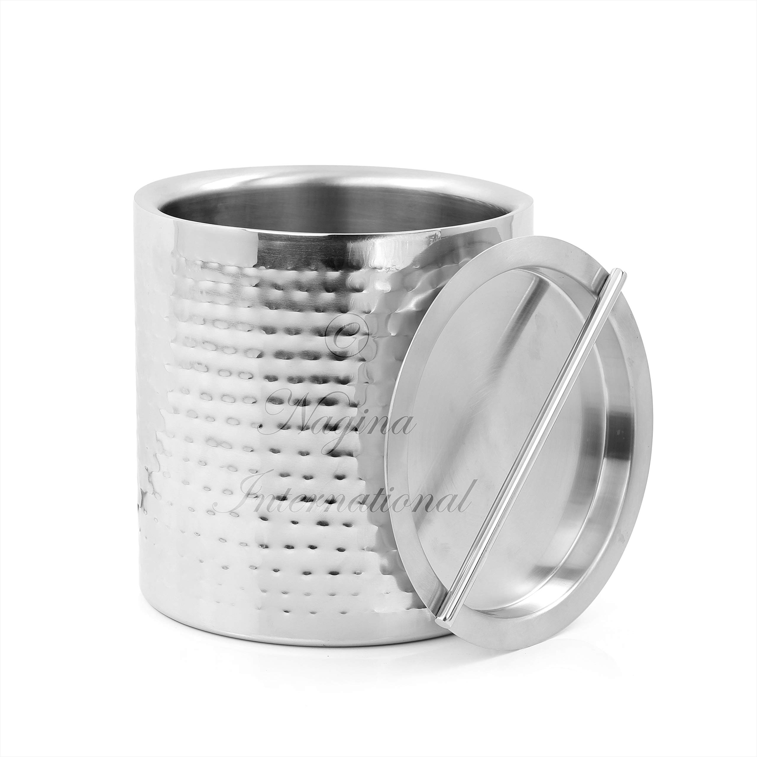 BarCraft Secchiello per il Ghiaccio con Pinze e Coperchio in Acciaio Inossidabile, Elegante Finitura Martellata, con Comodo Manico, Capacità 1.5 L