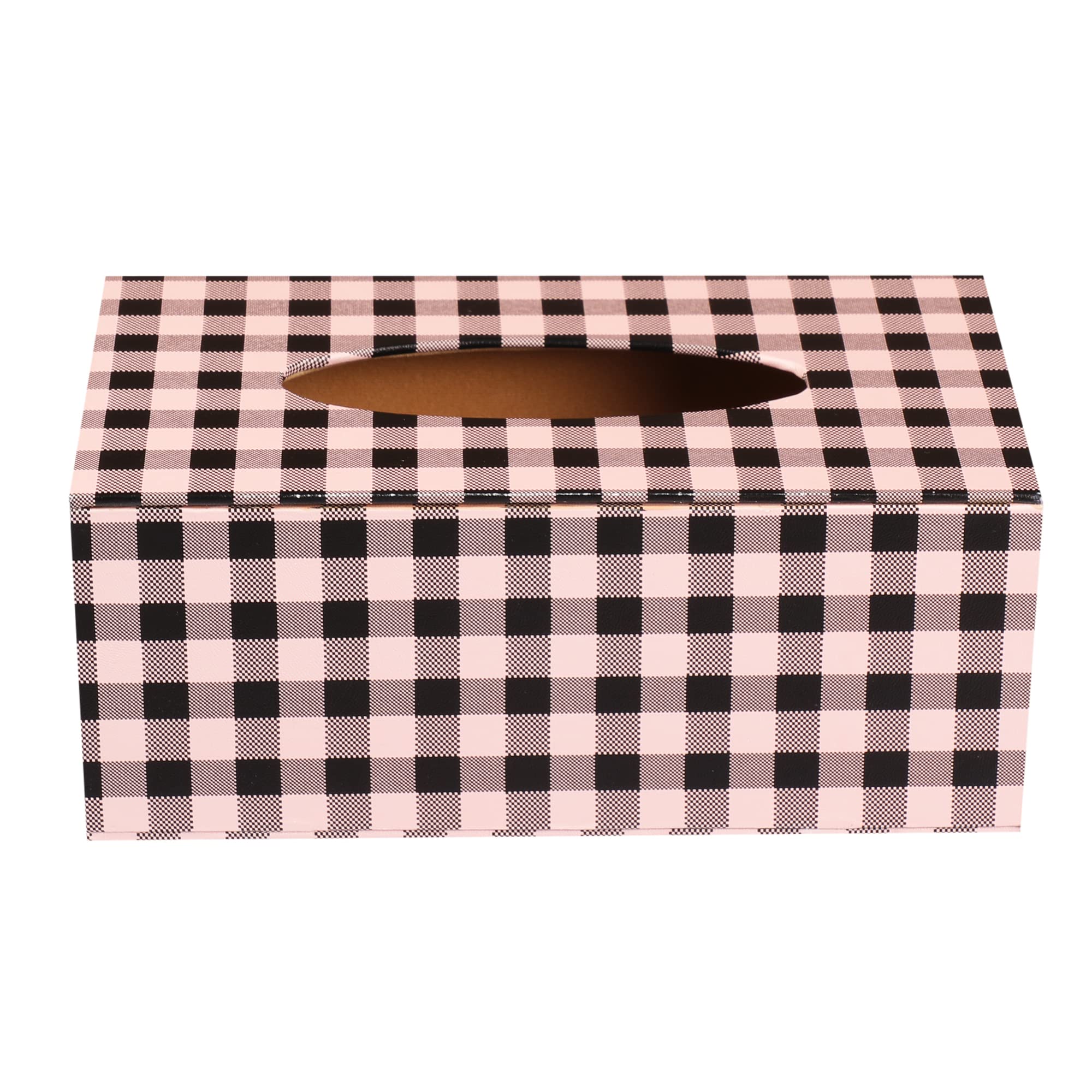 Anything & Everything Faux Leather Tissue Box Holder, Napkin Holder Box for Home and Car (Check) Black & Pink 1