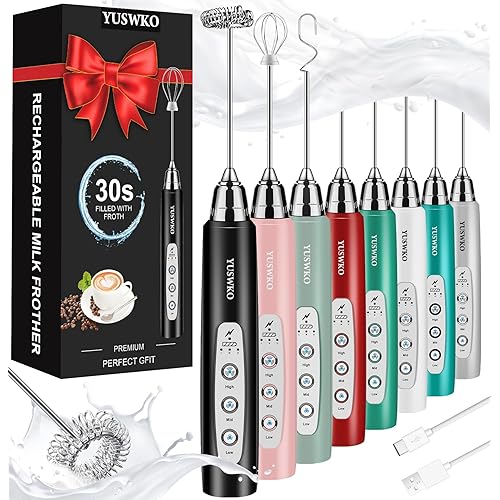 YUSWKO Milk Frother Handheld for Coffee, Rechargeable Drink Mixer with 3 Heads 3 Speeds Electric Coffee Frother Whisk, Gift for Many Occasions and Festival