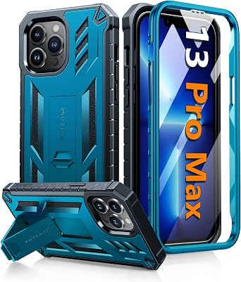 FNTCASE for iPhone 13 Pro Max Case [Built-in Screen Protector & Kickstand] [Military Grade Drop Protection] Heavy Duty Full Protective Matte Textured Shockproof TPU Rugged Phone Cover - Blue