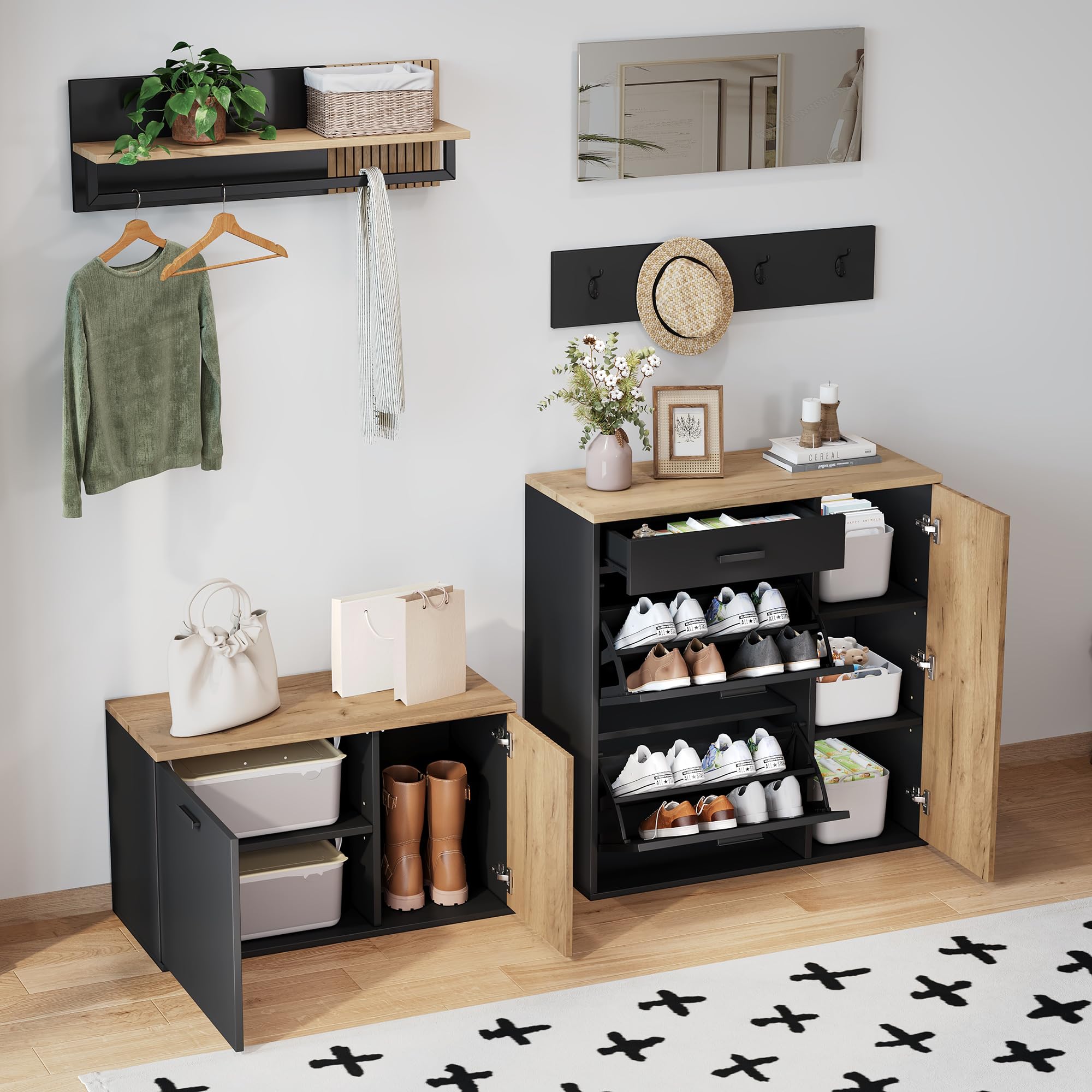 Kebnor Garderoben-Set, Schrank, Kommode, Spiegel, 2 Schuhschrank, ohne Dekoration, Garderobenpaneel mit Spiegel, Hutablage und 4 Haken,Schuhschrank mit Schuhbank, Flur mit Stauraumtrennwand