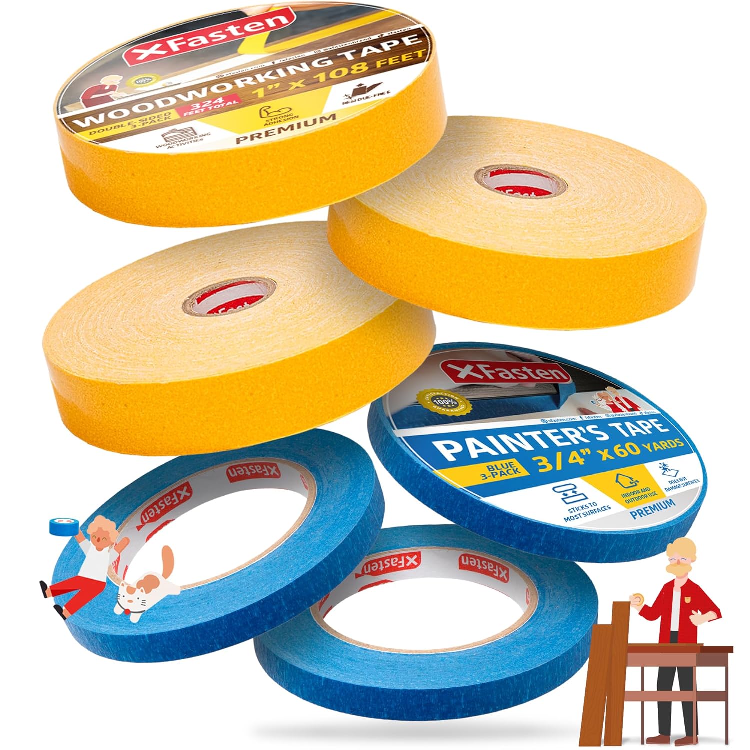 XFasten Double Sided Woodworking Tape, 1 Inch x 36 Yards (3-Pack) Bundle with Professional Blue Painter's Tape, 3/4-Inch x 60-Yards (3-Pack)