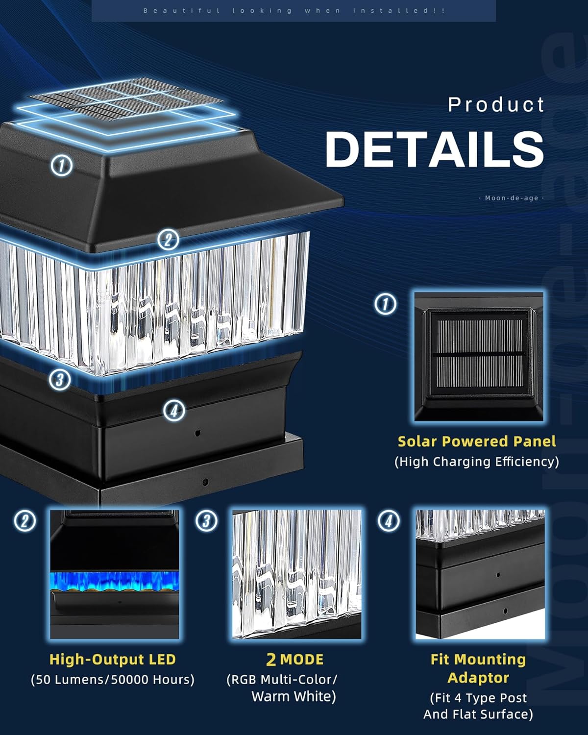 8 Inch 3 Modes Solar Pendant Lights (1 Pack, Black) and 50 Lumen 4x4 3.5x3.5 4.5x4.5 or 5.5x5.5 Solar Fence Post Lights (4 Pack, RGBW Black)