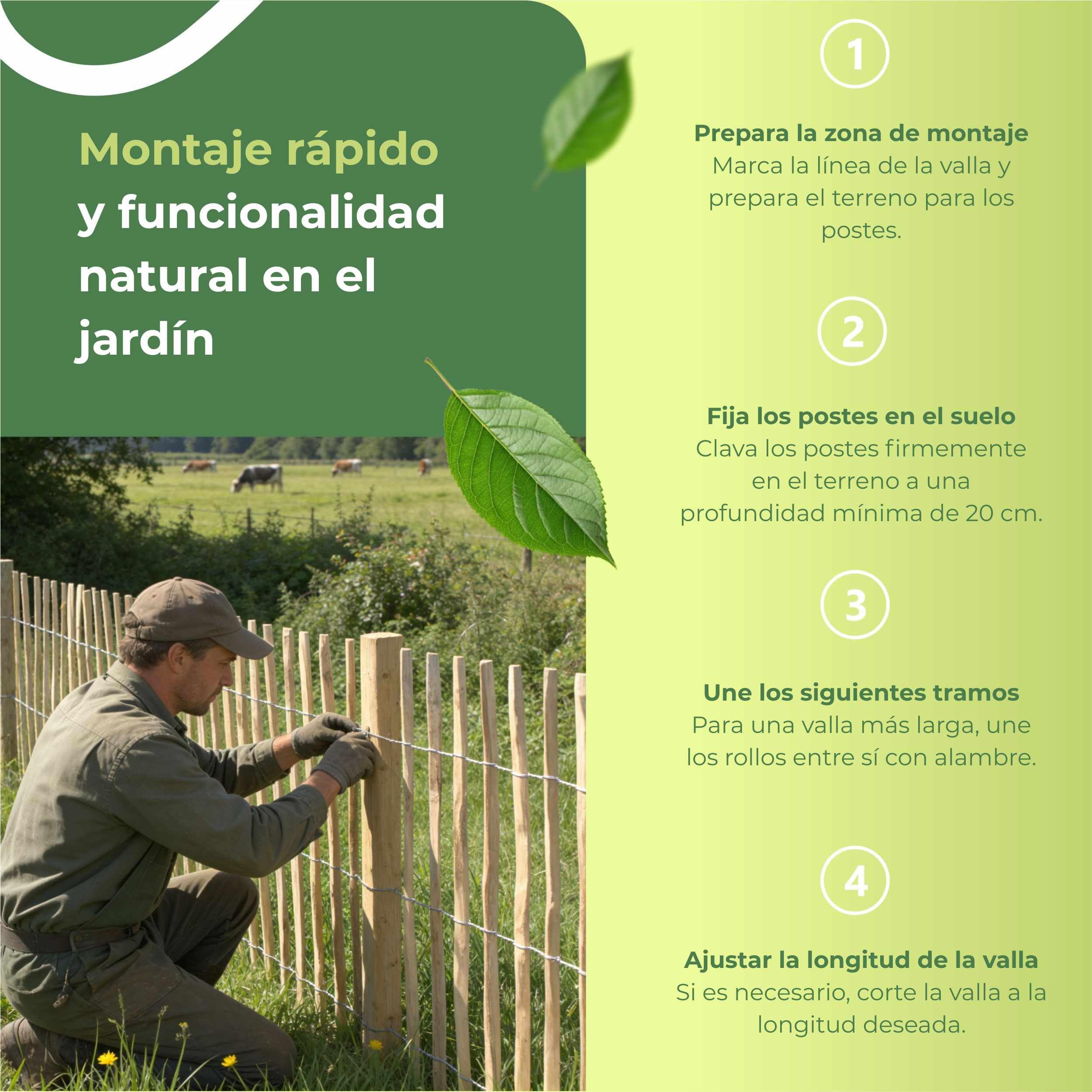 Cercado Enrollable de estacas de avellano y castaño 5m x 70cm Alto, separación 4-6cm, delimitación jardín, Madera Natural, huerto, Perros