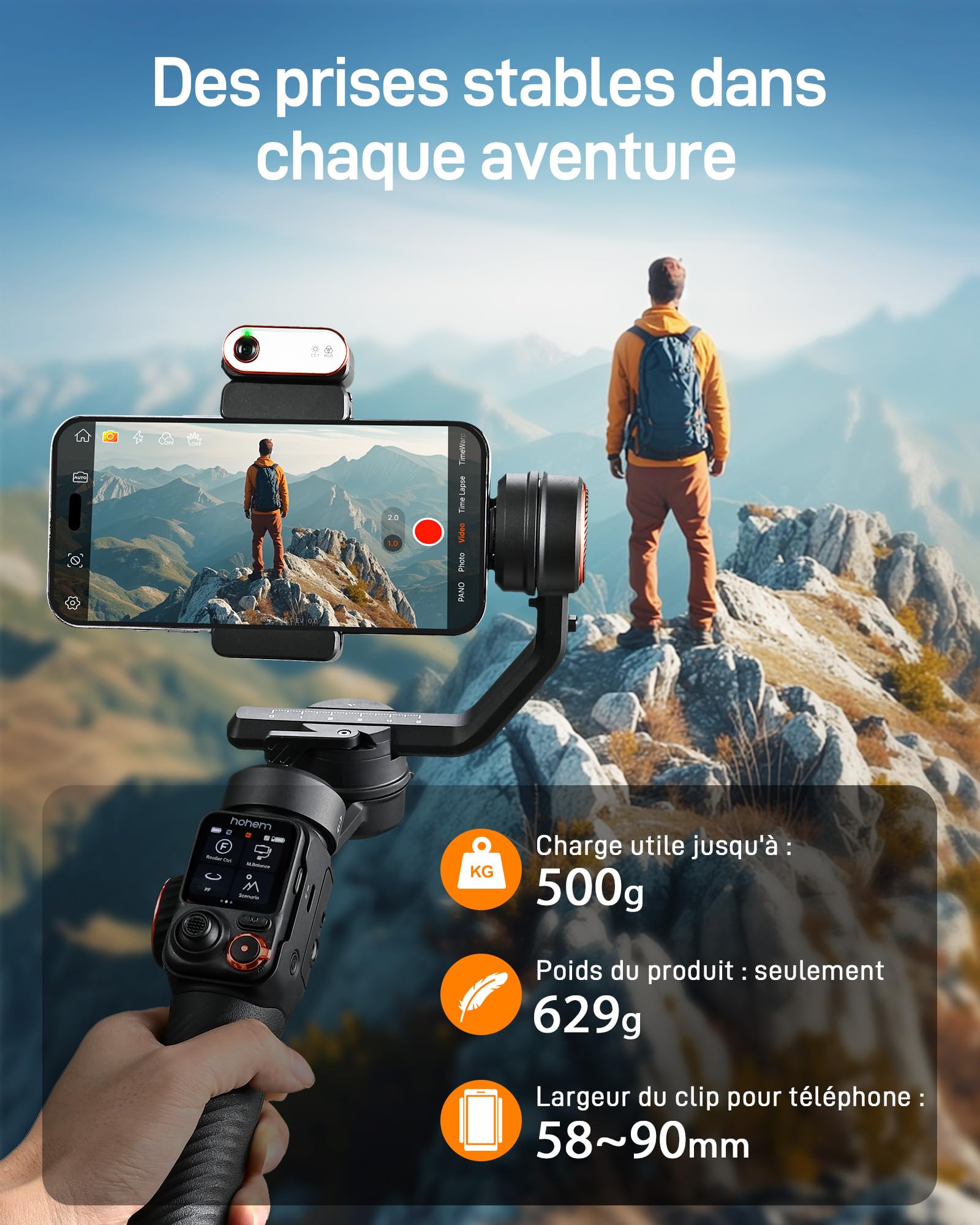 hohem iSteady M7 Gimbal Smartphone, Stabilisateur Gimbal avec Suivi AI, télécommande détachable à écran Tactile de 1,4", Tige Extensible intégrée, lumière de Remplissage, stabilisateur de téléphone