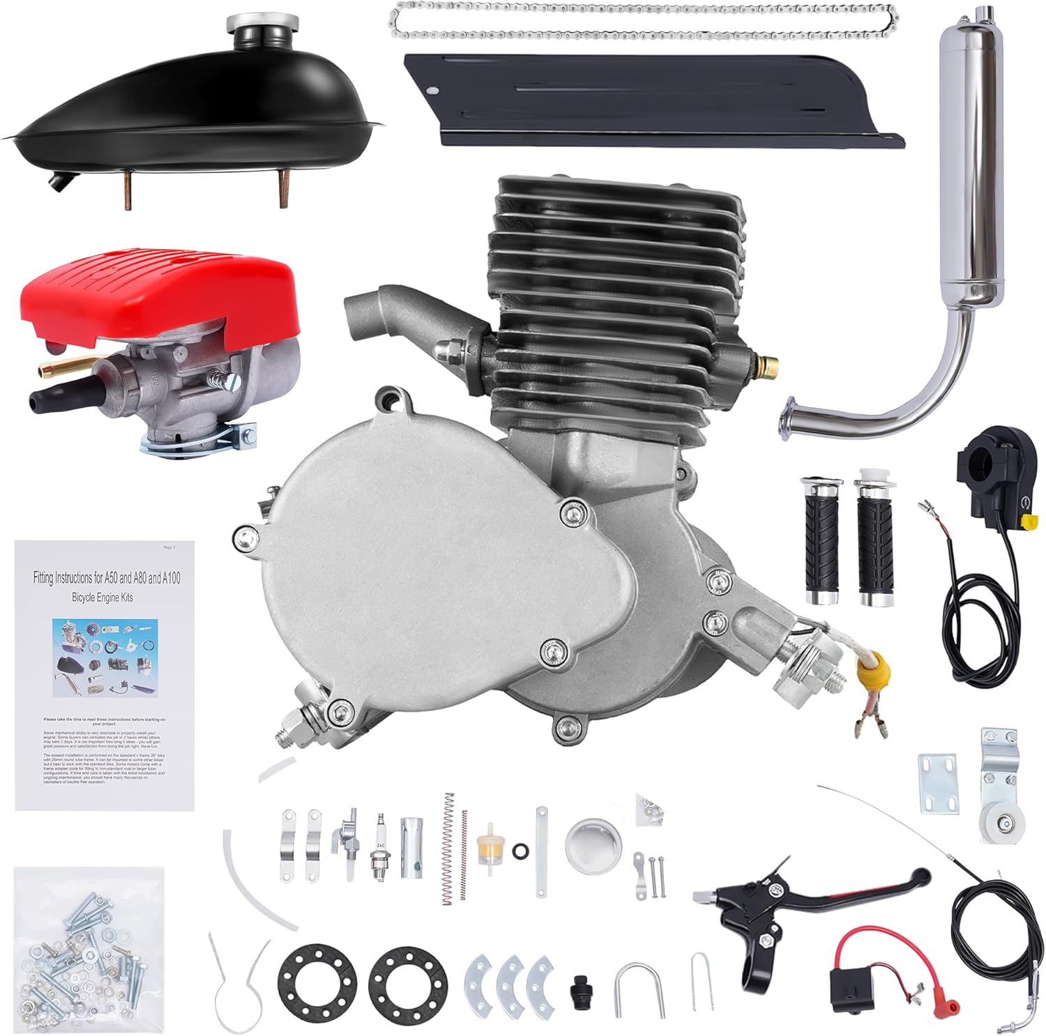 100cc Bicycle Engine Kit, 2-Stroke Gas Motorized Bike Motor 36 Tooth Sprocket Kit 26" 28" Bicycle Motor Engine Kit Upgrade for Motorized Bike Kit Modified Full Set
