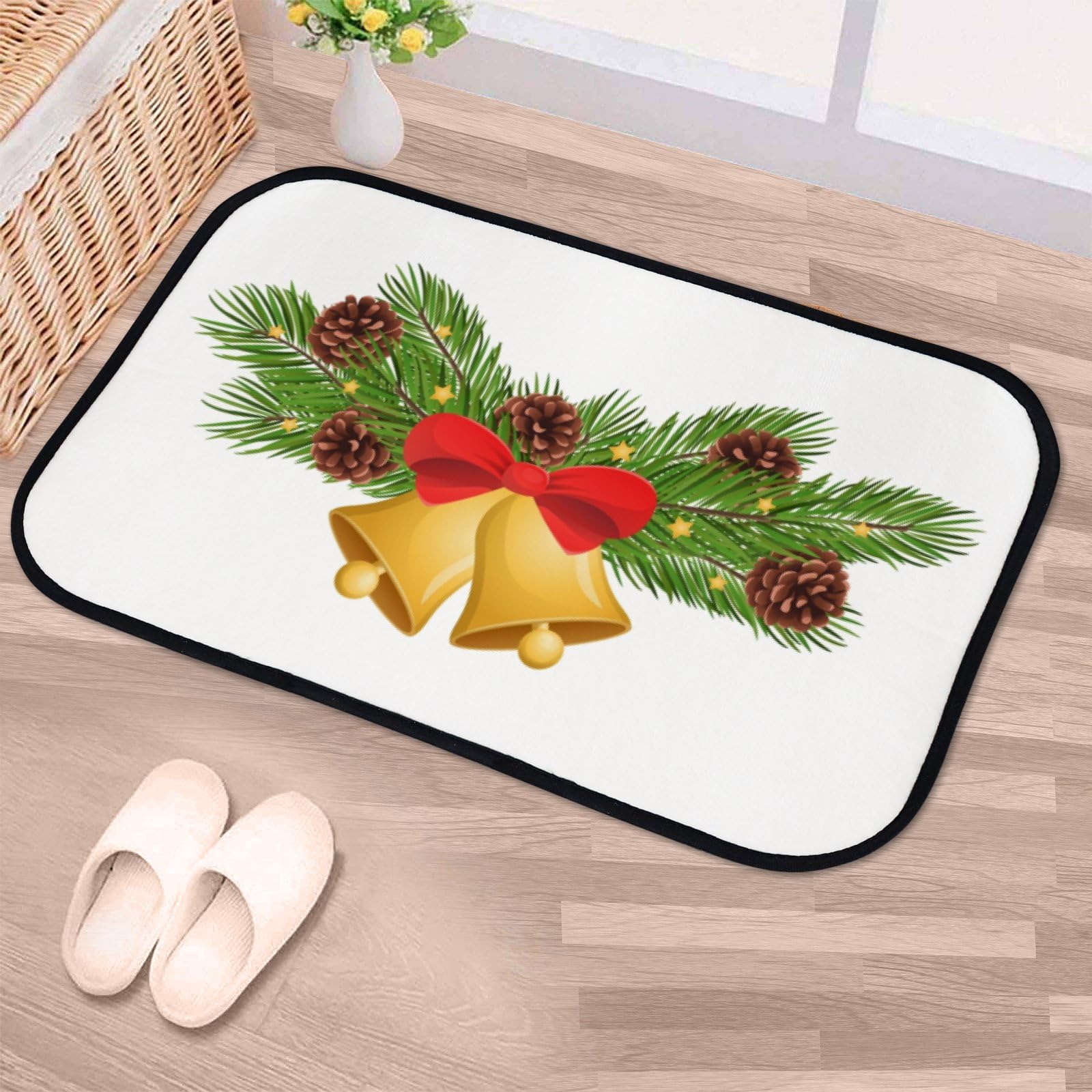 Nuansexi Bathroom Rugs Bells Christmas Tree Branches White Floor Mats Non Slip Bathmat Doormat Tub Mat Coral Velvet Absorbent Entrance Carpet Mats Machine Washable Bedroom Decor