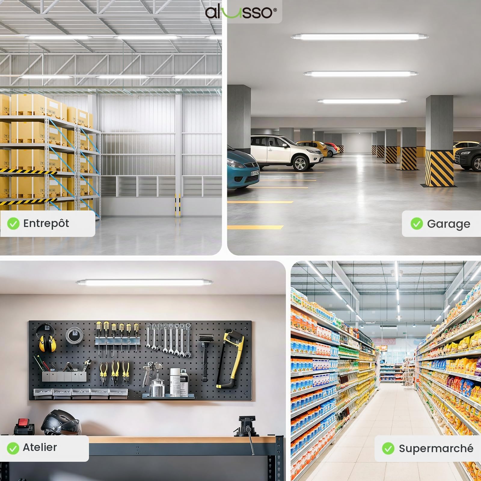 ALUSSO Lot de 2 Réglette LED 150cm, 48W 4800LM 5000K IP65 Tubes pour bureau | Tubes Lumineux pour garage, Cave,entrepôt, bureau, atelier, éclairage de cuisine