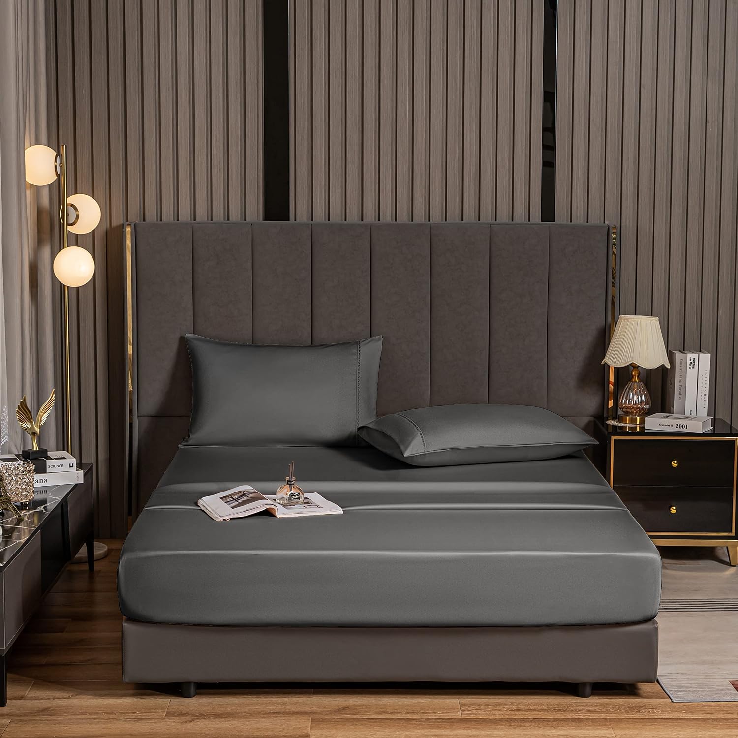 MCO Bedding Queen Bed Sheets Set - Bamboo Sheets - Cooling Breathable Bedding Set with 16" Deep Pocket (4 Pieces, Queen, Charcoal Gray)
