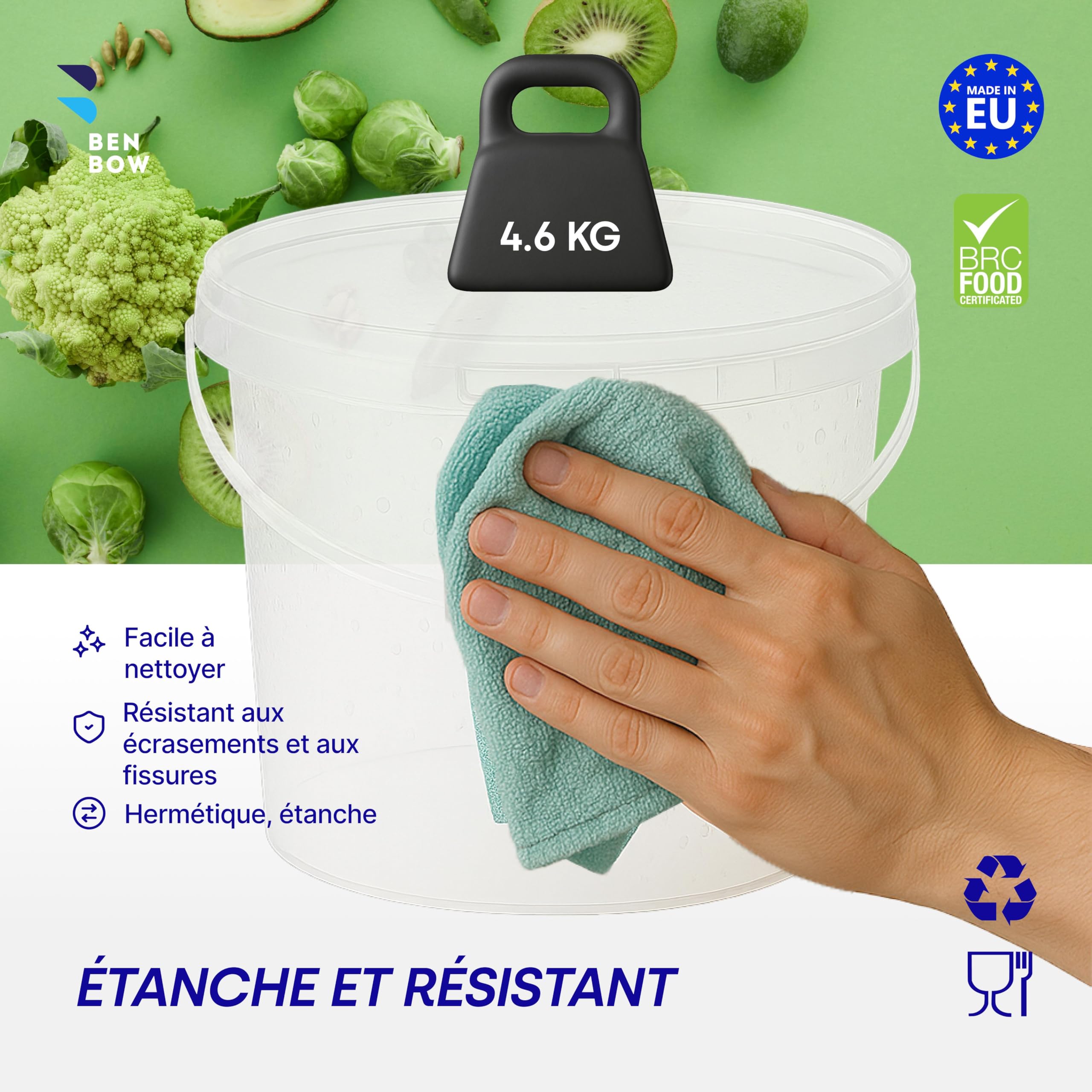 BenBow Seau avec Couvercle 3l Transparent 20x 3 litres - Convient pour Aliments, Stable, étanche à l'air, Anti-Fuite, inodore - Seau en Plastique - Vide