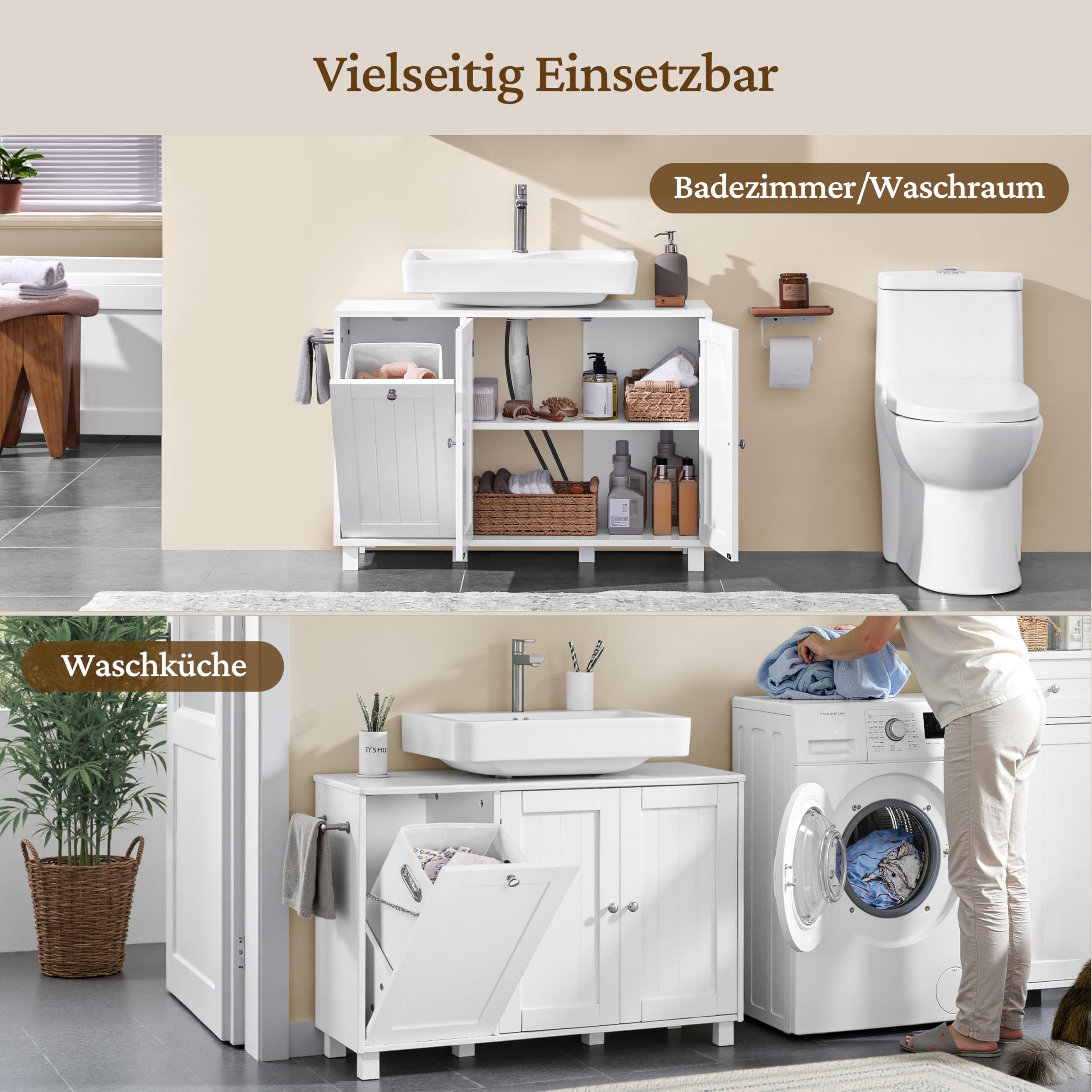 Yaheetech Mobile Sottolavabo a 3 Ante Mobile da Bagno con Portabiancheria Armadietto da Terra per Lavandino Mobiletto Bagno Salvaspazio con Ripiano Regolabile