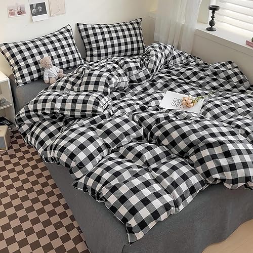 Miniatura 2 de DONEUS Juego de funda de edredón a cuadros 100% algodón lavado como lino súper suave y cómodo, juego de ropa de cama de 3 piezas a cuadros negros y