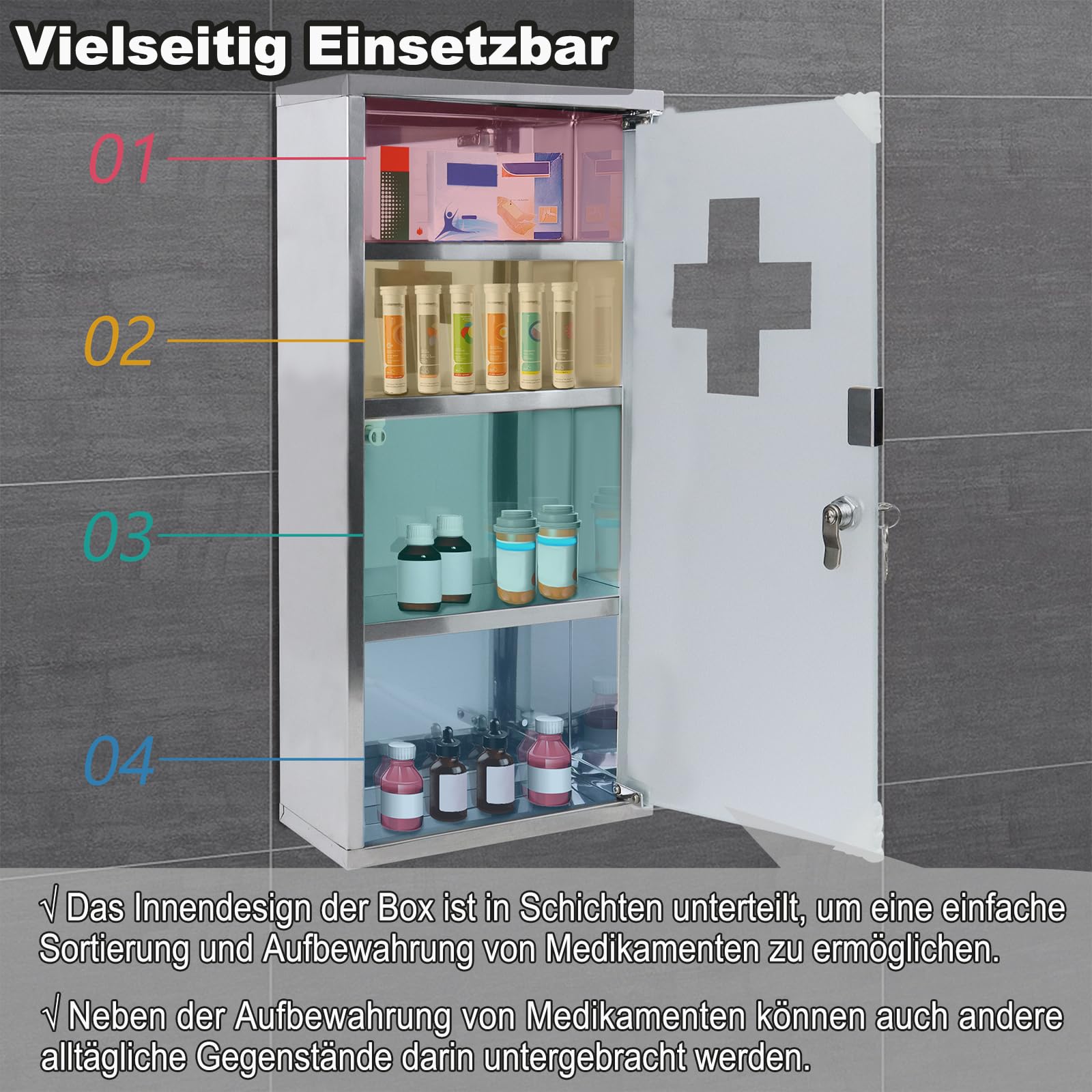 LILIIN Armoire à pharmacie en acier inoxydable avec 4 compartiments avec porte en verre et 2 clés - Armoire de premiers secours - 30 x 12 x 57,5 cm
