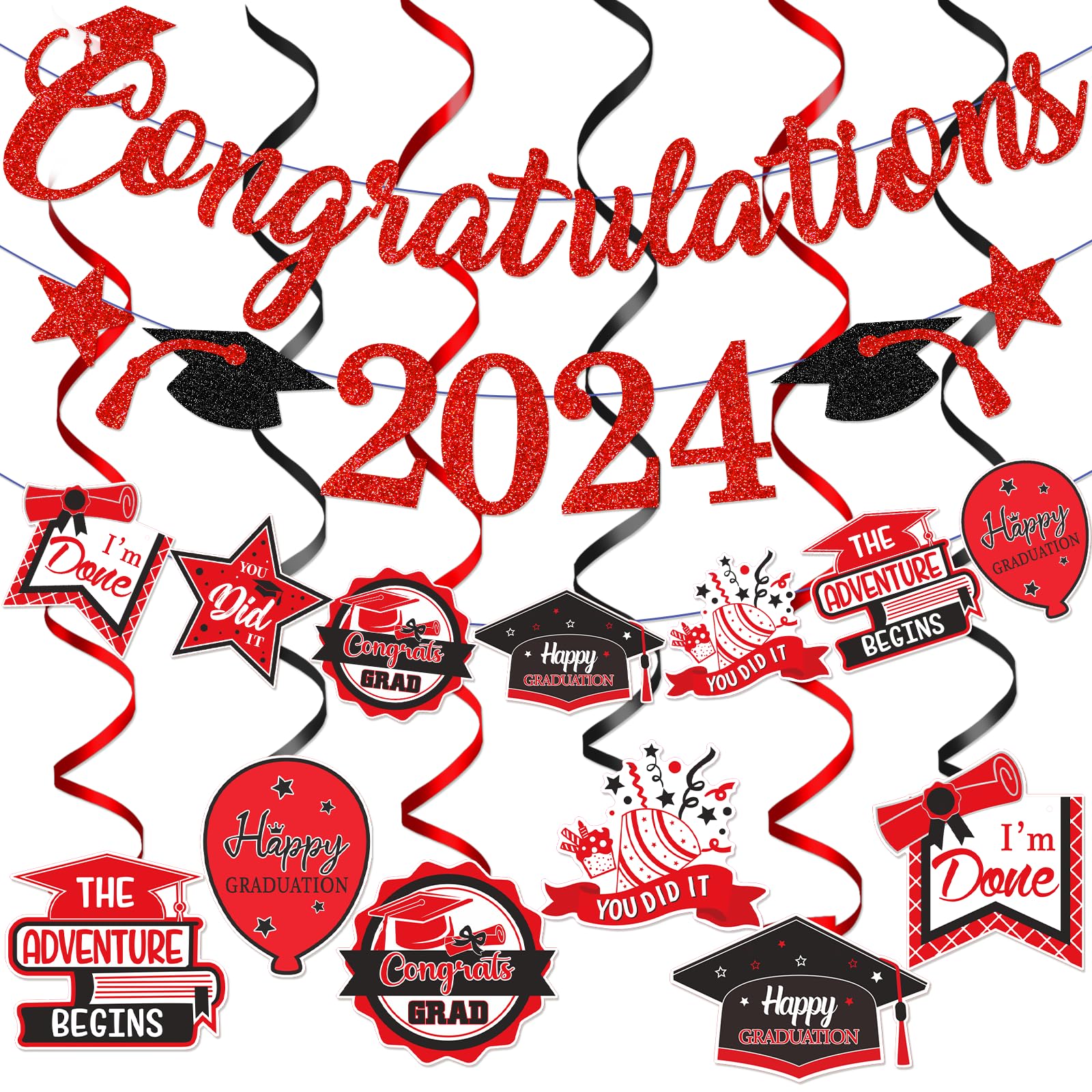 Glitzer-Banner 'Congrats Grade' In Rot/Schwarz - Abschlussdeko Für Klasse 2024, Mit Quasten