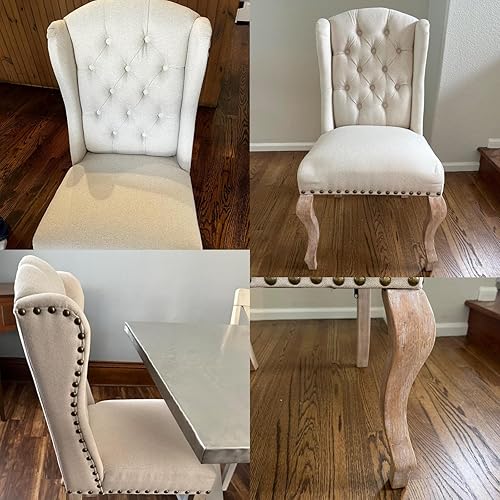 Miniatura 7 de chairus Parsons - Juego de 2 sillas de comedor tapizadas estilo rústico francés con ribete de cabeza de clavo y patas de madera curvas, sillas de