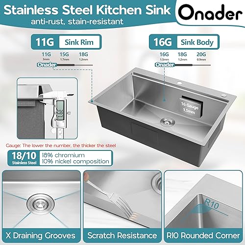 Miniatura 3 de Onader Fregadero de cocina de 33 x 22 pulgadas con grifo combinado, fregadero de acero inoxidable 1810 de níquel cepillado moderno con estación de