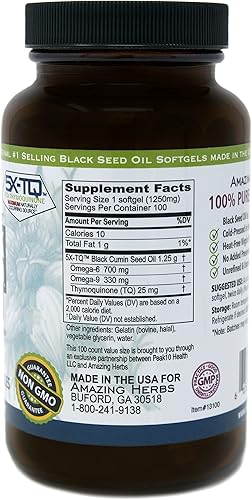 Miniatura 3 de Amazing Herbs Pastillas de aceite de semillas negras de 1250 mg, 100 cápsulas de cápsulas blandas (paquete de 2)