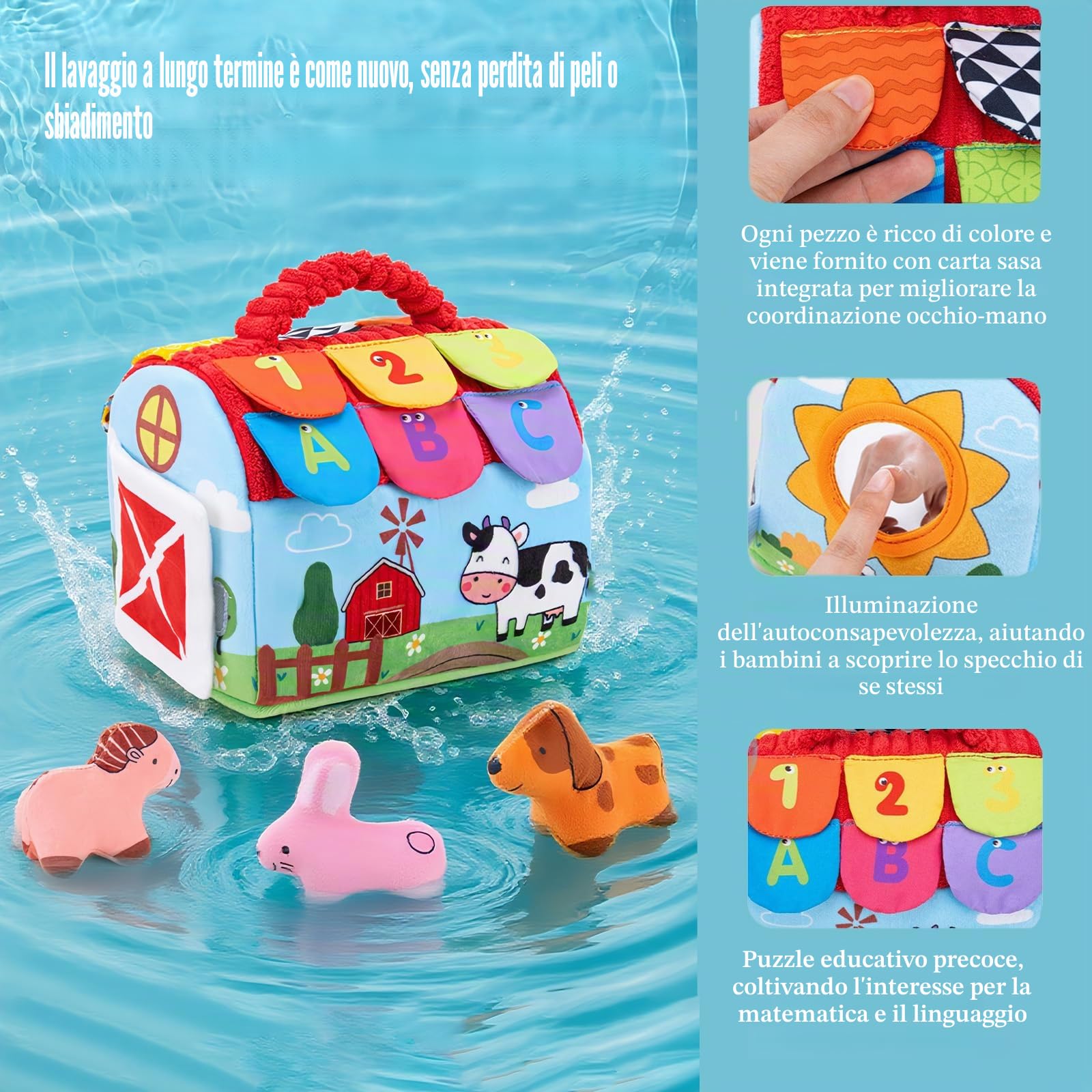 Giocattoli per Bambini 6-12 Mesi, Sorpresa Fienile in Peluche Set di Animali Della Fattoria, Montessori Giocattolo per Bambini, con Campanello, Specchio, Regali di Natale e Compleanno per il Bambino
