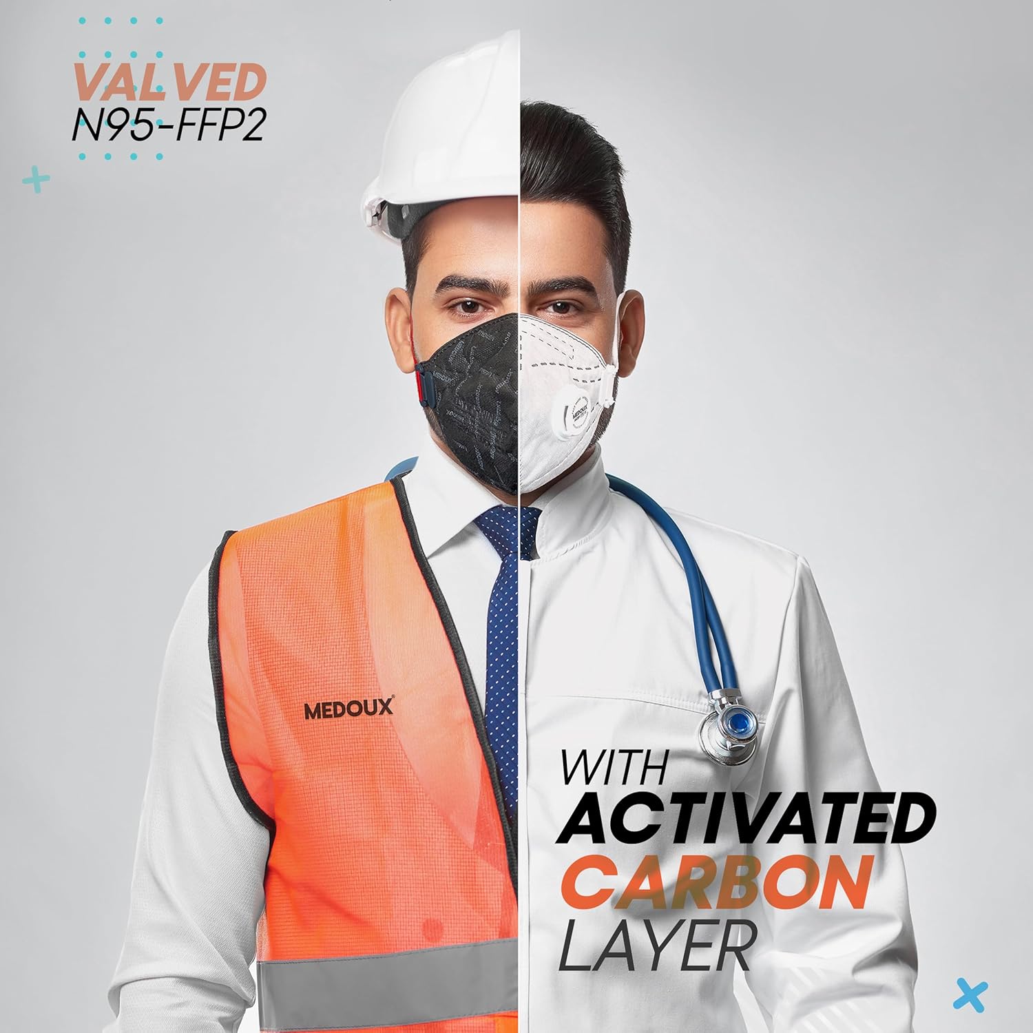 Black Face Mask, NIOSH95 Valved with Activated Carbon and Dual Meltblown A+ ≥95% Filtration, 18 Pieces, 6-Layer Protection, Dust-proof and outdoor, PM2.5, [18 pcs/box]