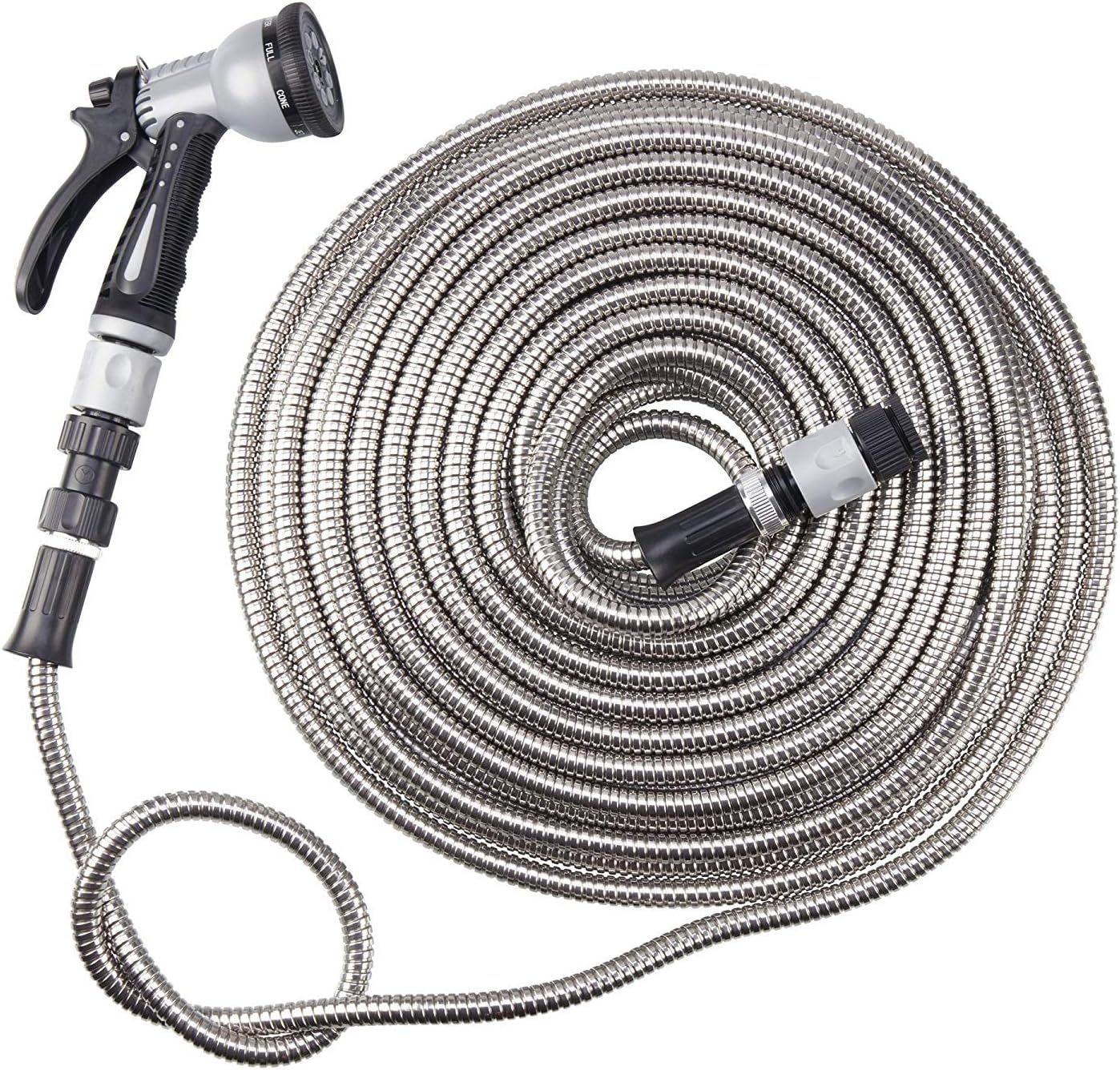 Garden GearEasy Hose Stainless Steel Garden Water Hosepipe Rust Proof & Tangle Free with Hand Held Spray Nozzle (75ft)