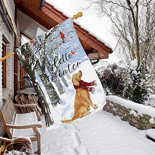 Miniatura 3 de Louise Maelys Bandera de jardín con texto en inglés Hello Winter Dog de 28 x 40 pulgadas, de doble cara, de arpillera, grande, con cardenal dorado