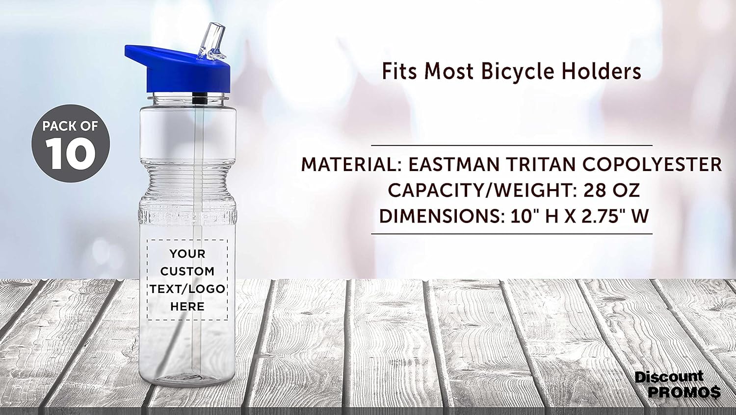 DISCOUNT PROMOS Custom Sports Bottles with Straw 28 oz. Set of 10, Personalized Bulk Pack - BPA Free, Great for Gym, Hiking, Cycling, Yoga and More - Blue