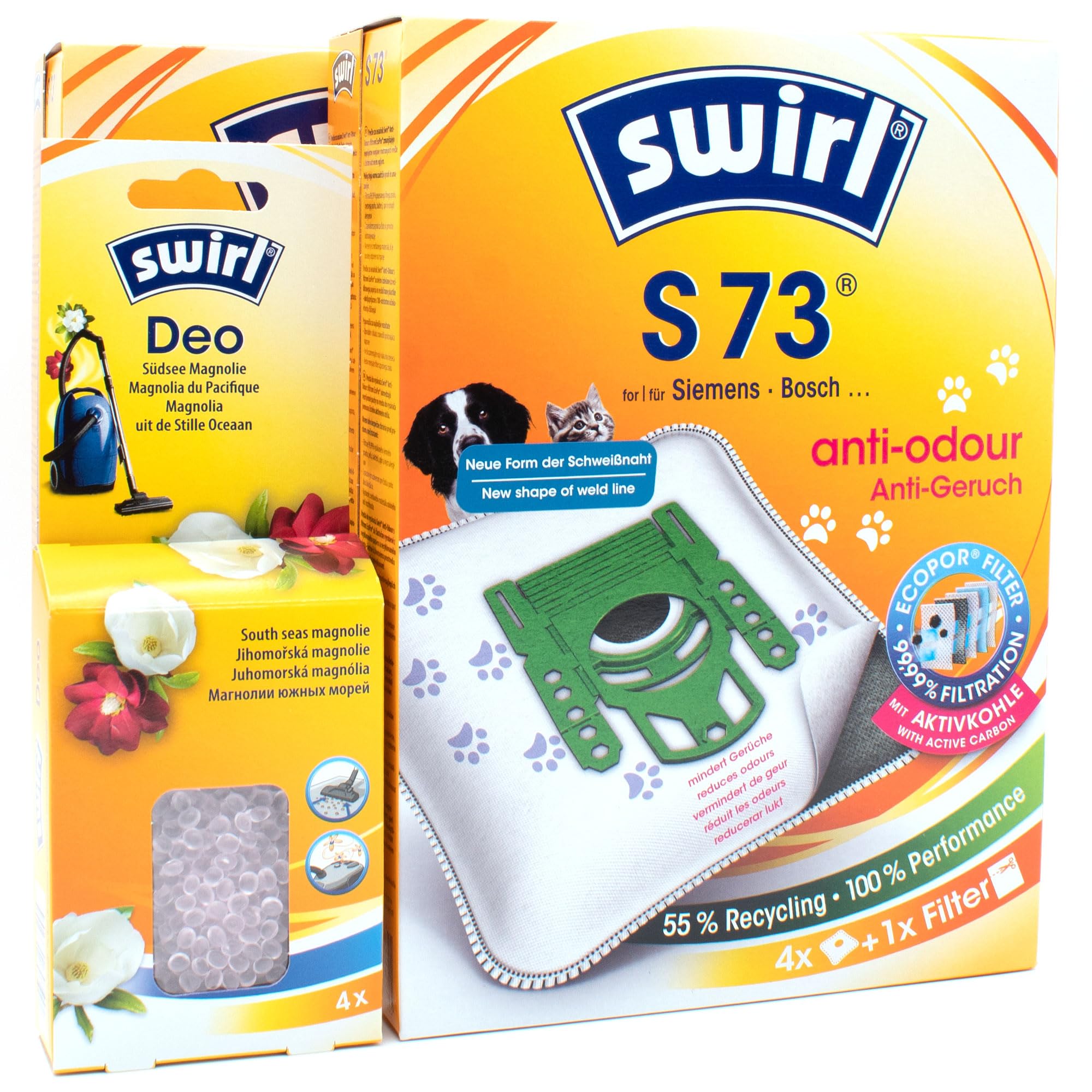 PakTrade 8 Sacs D'aspirateur + Billes Déodorantes Compatible avec Bosch BGL 7... Serie, BGL 75AC342 | Compatible avec Swirl S73 - S 73 Anti Odour | 8 Sacs, Désodorisant, Accessoires, Pièces Détachées